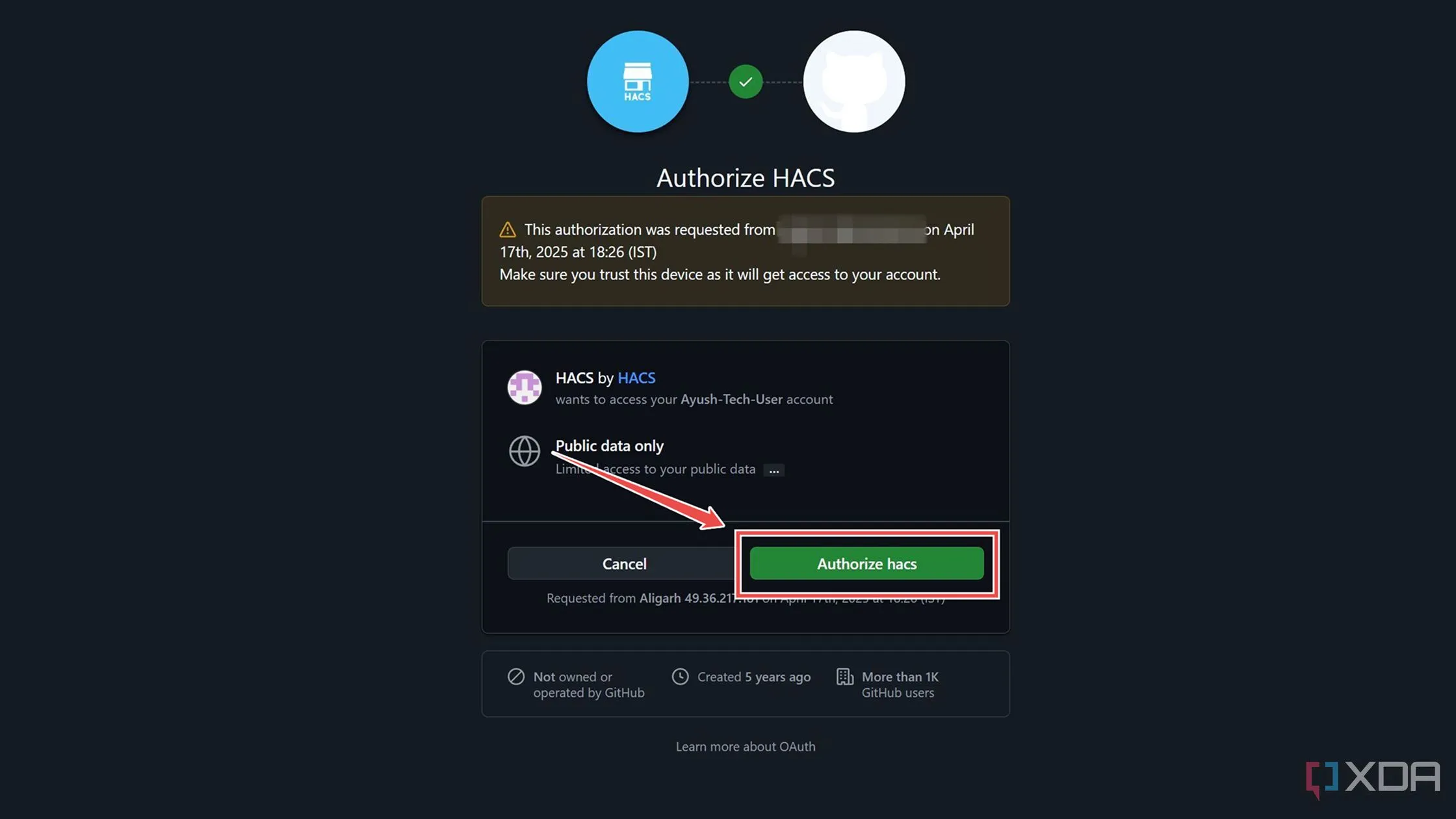 Cửa sổ yêu cầu ủy quyền HACS với tài khoản GitHub để hoàn tất cài đặt.