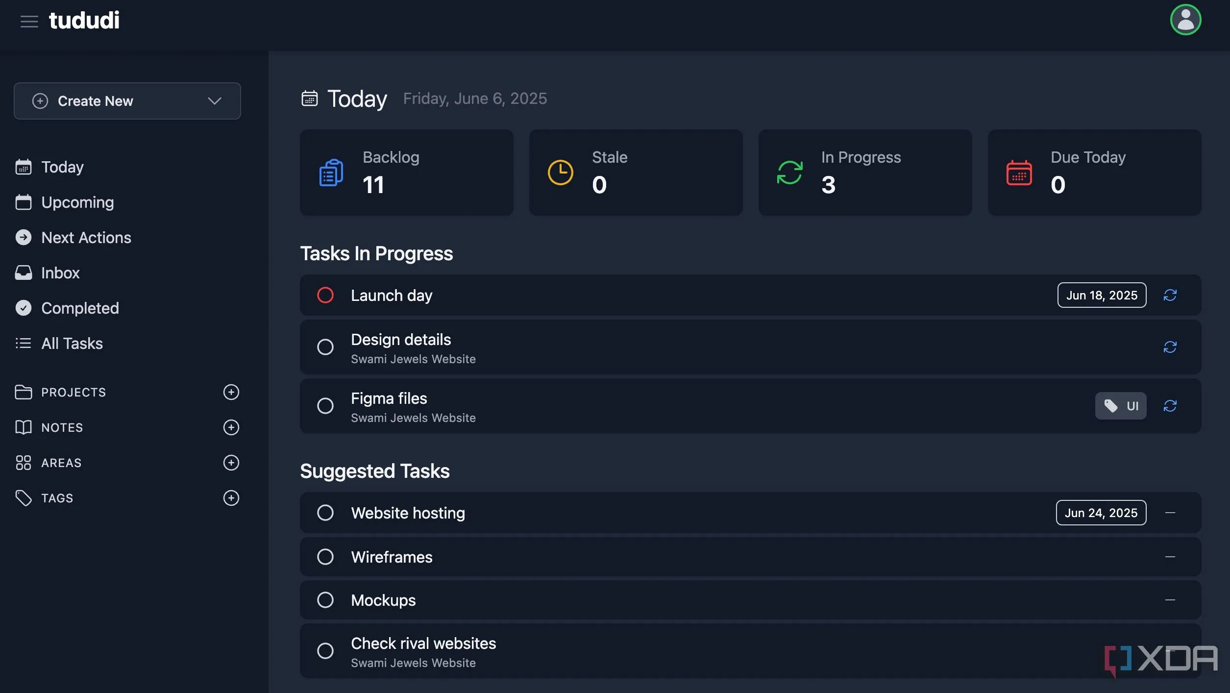 Dashboard của Tududi hiển thị tổng quan tác vụ và dự án