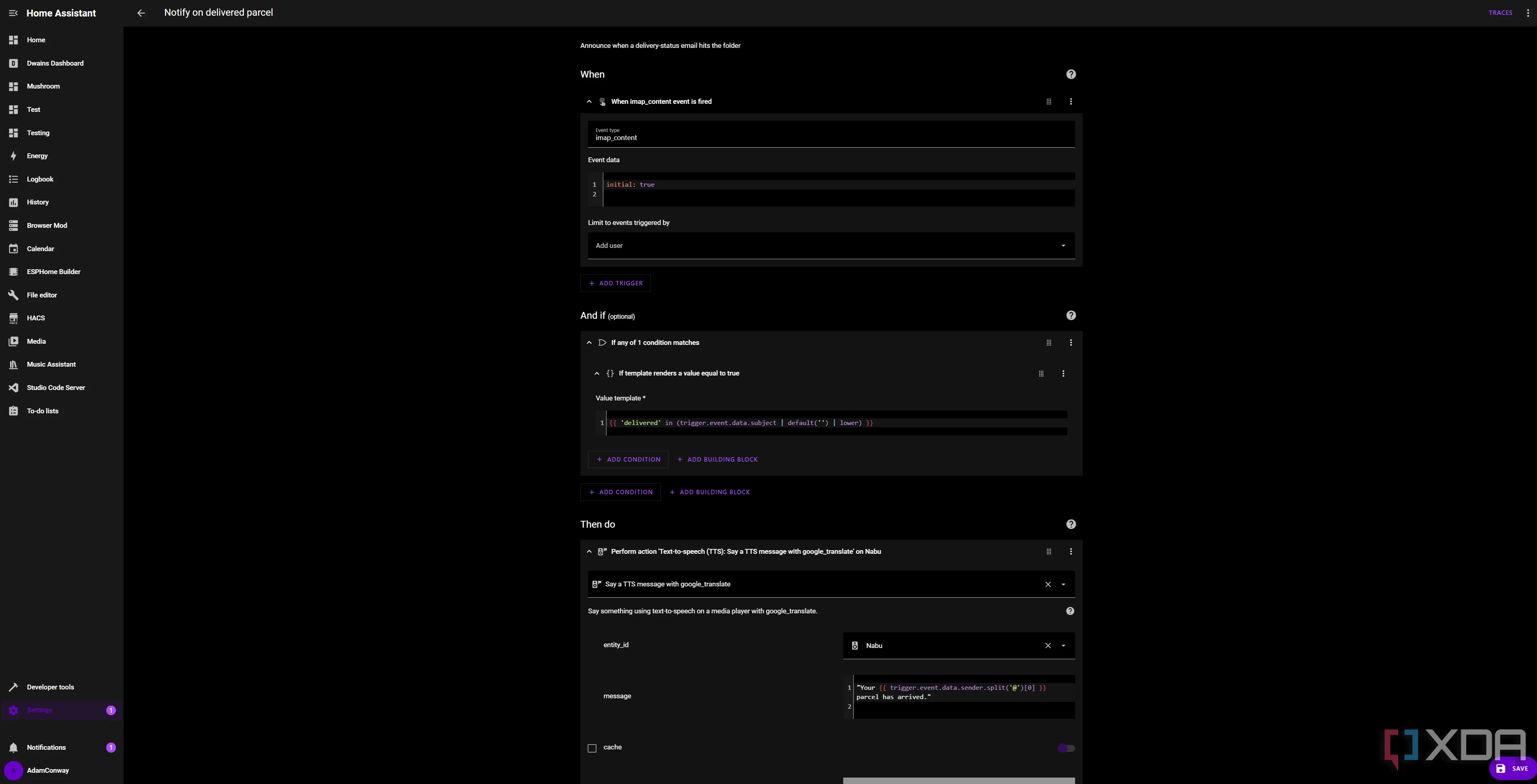 Dashboard Home Assistant hiển thị thông báo email quan trọng đã được sàng lọc tự động bởi LLM, ví dụ: thông tin giao hàng.