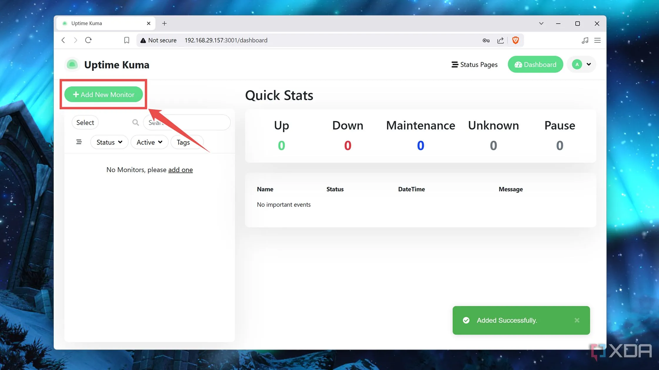 Dashboard Uptime Kuma với nút thêm monitor mới