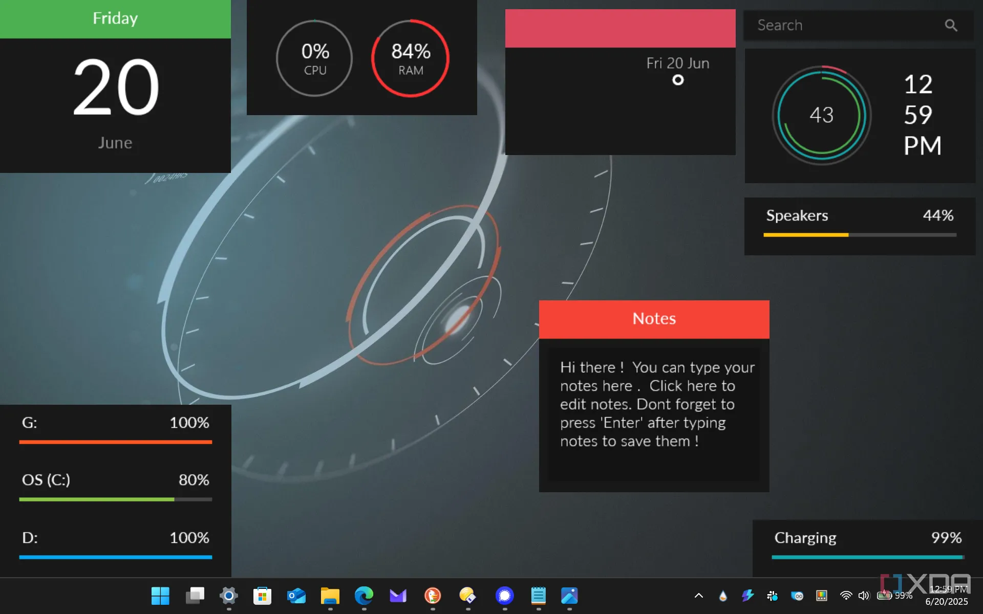 Desktop Windows sử dụng skin Rainmeter Download Dark với tông màu tối và các widget thông tin