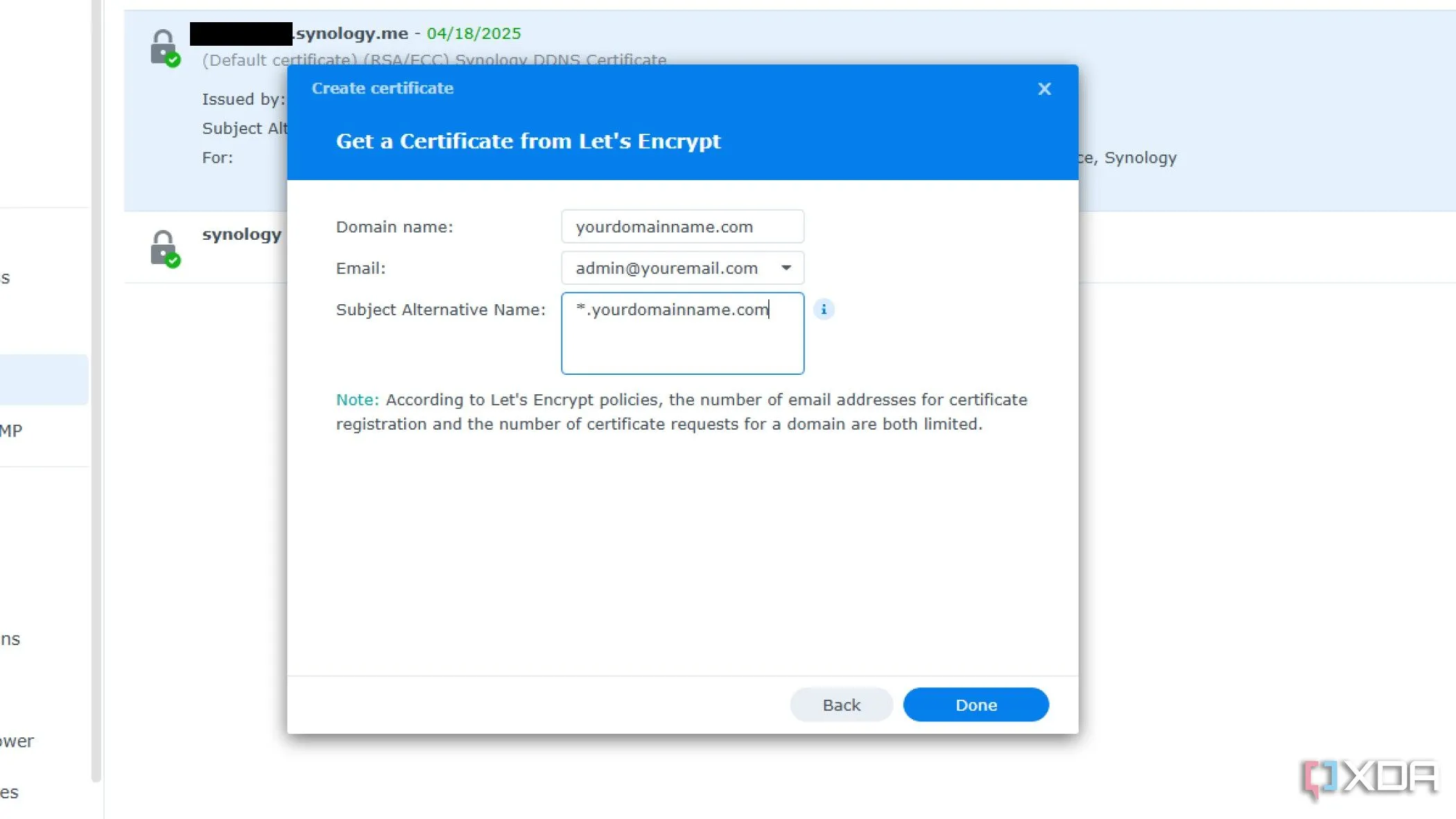 Điền thông tin để tạo chứng chỉ SSL Wildcard từ Let's Encrypt trên Synology