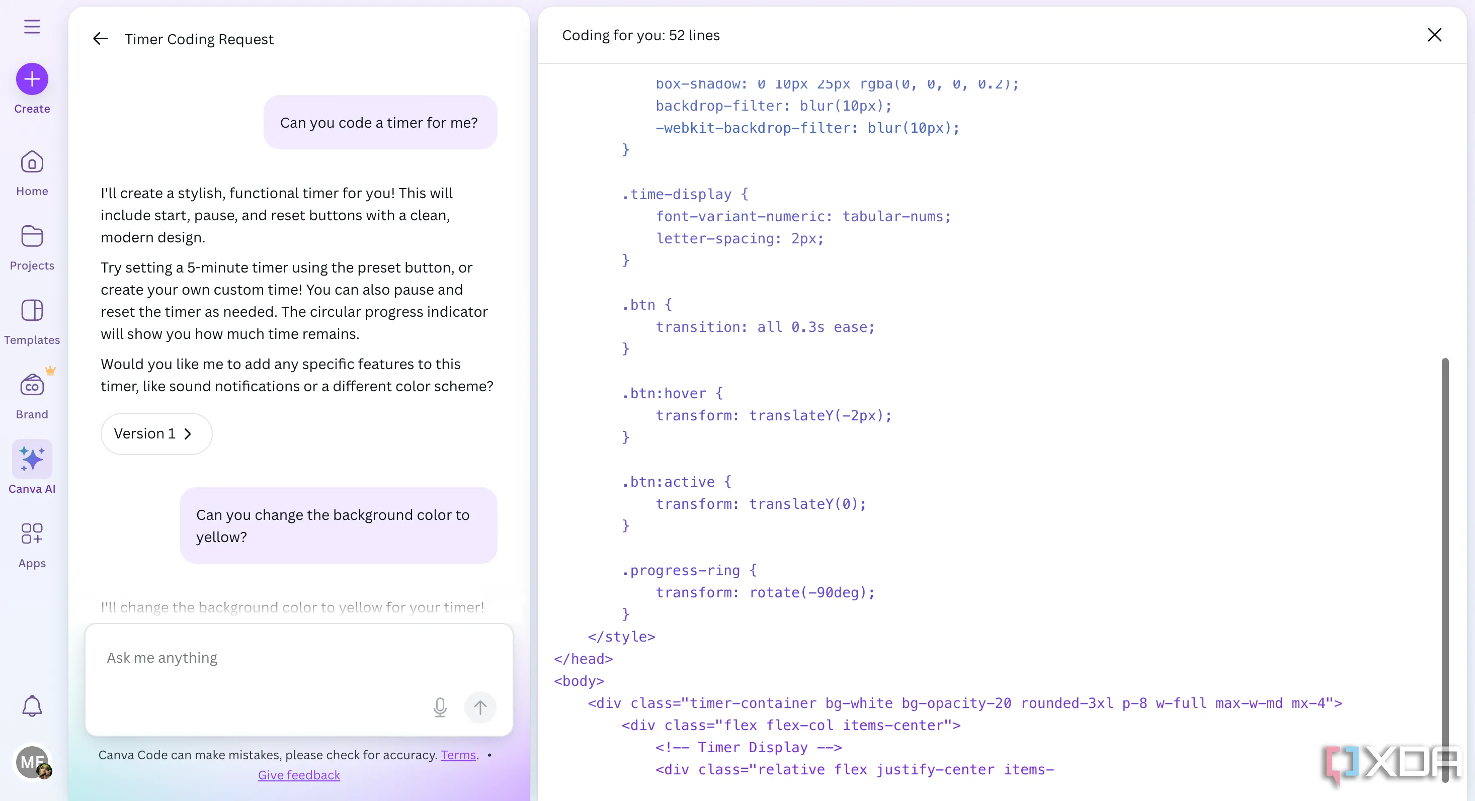Đoạn mã nguồn được tạo bởi Canva Code, cho phép người dùng có kinh nghiệm chỉnh sửa.
