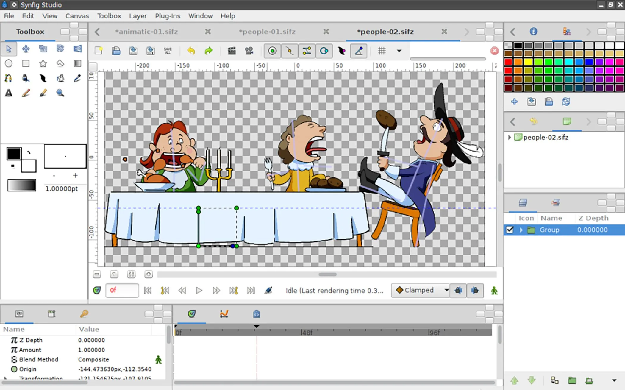 Dòng thời gian hoạt hình trong Synfig Studio thể hiện các lớp và khung hình hoạt hình 2D