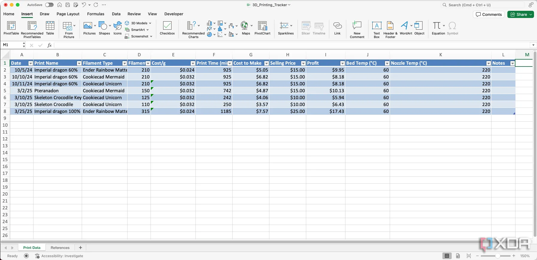 Dữ liệu in 3D được nhập vào bảng tính Excel với các cột được gắn nhãn