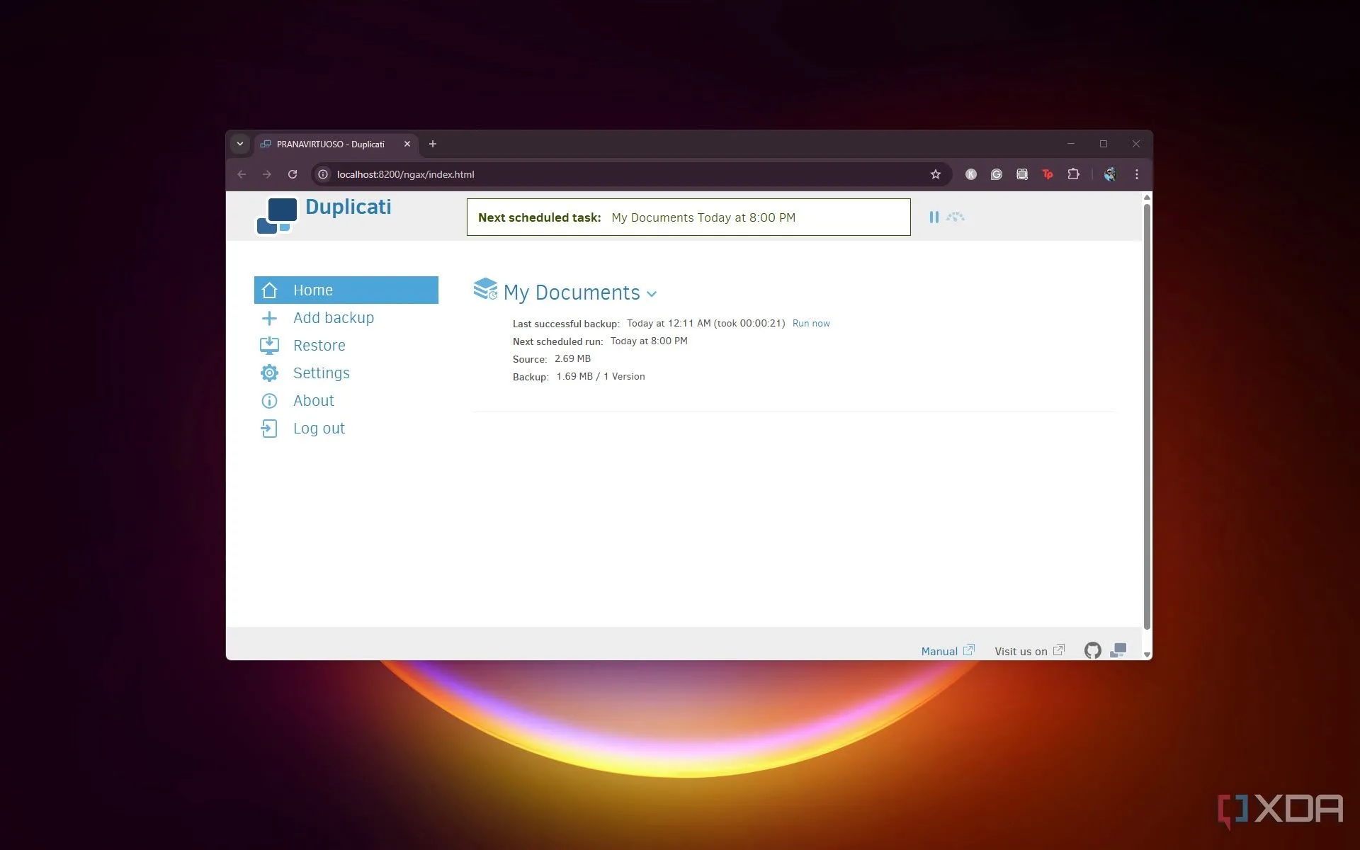 Duplicati trên máy tính Windows với giao diện quản lý tác vụ sao lưu