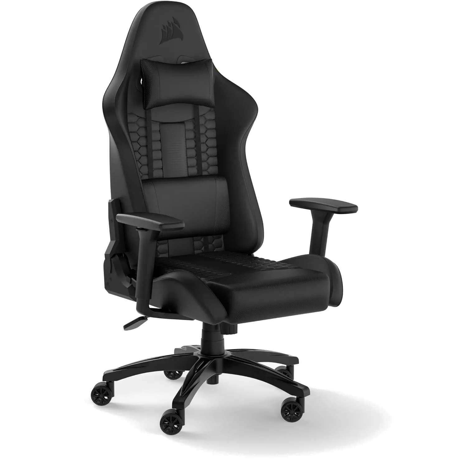 Ghế gaming Corsair TC100 Relaxed màu đen, thiết kế công thái học và đệm dày, đặt trong một không gian mở.