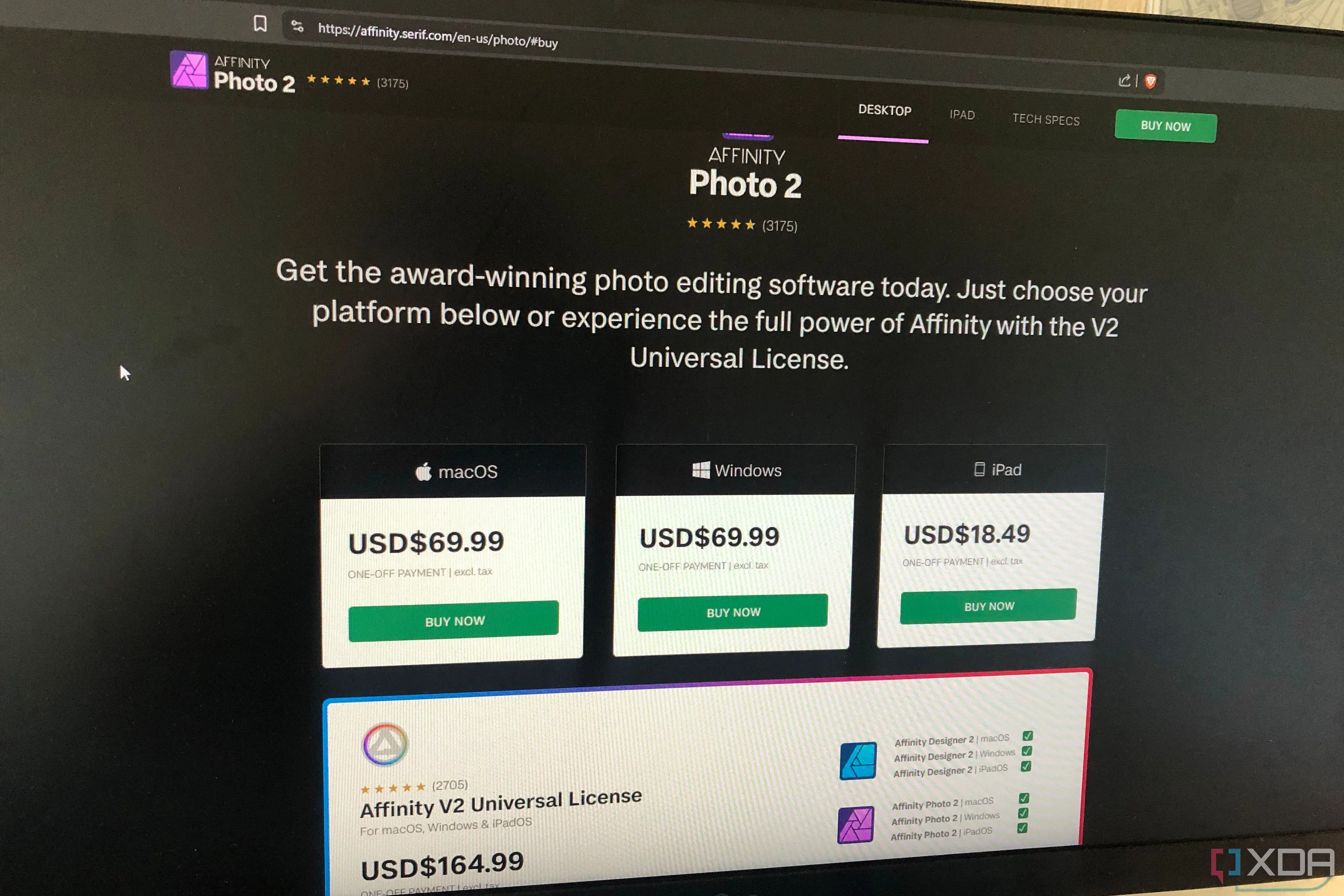 Giá Affinity Photo 2 hiển thị trên website chính thức, làm nổi bật chính sách mua một lần
