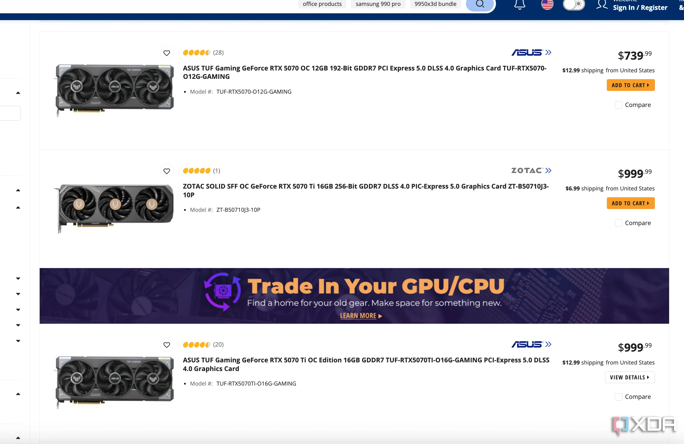 Giá card đồ họa RTX 50 series trên Newegg cho thấy tình trạng hết hàng và đội giá