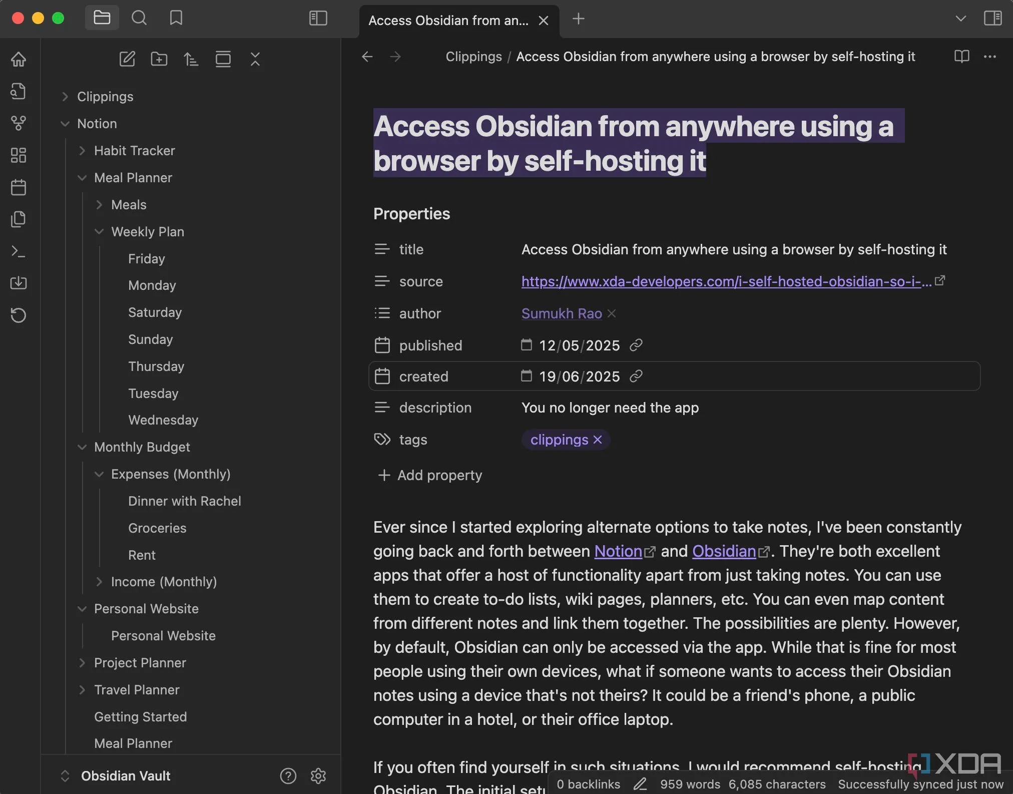 Giao diện bài viết được lưu trữ từ web hiển thị nguyên vẹn trong ứng dụng Obsidian thông qua tiện ích Web Clipper
