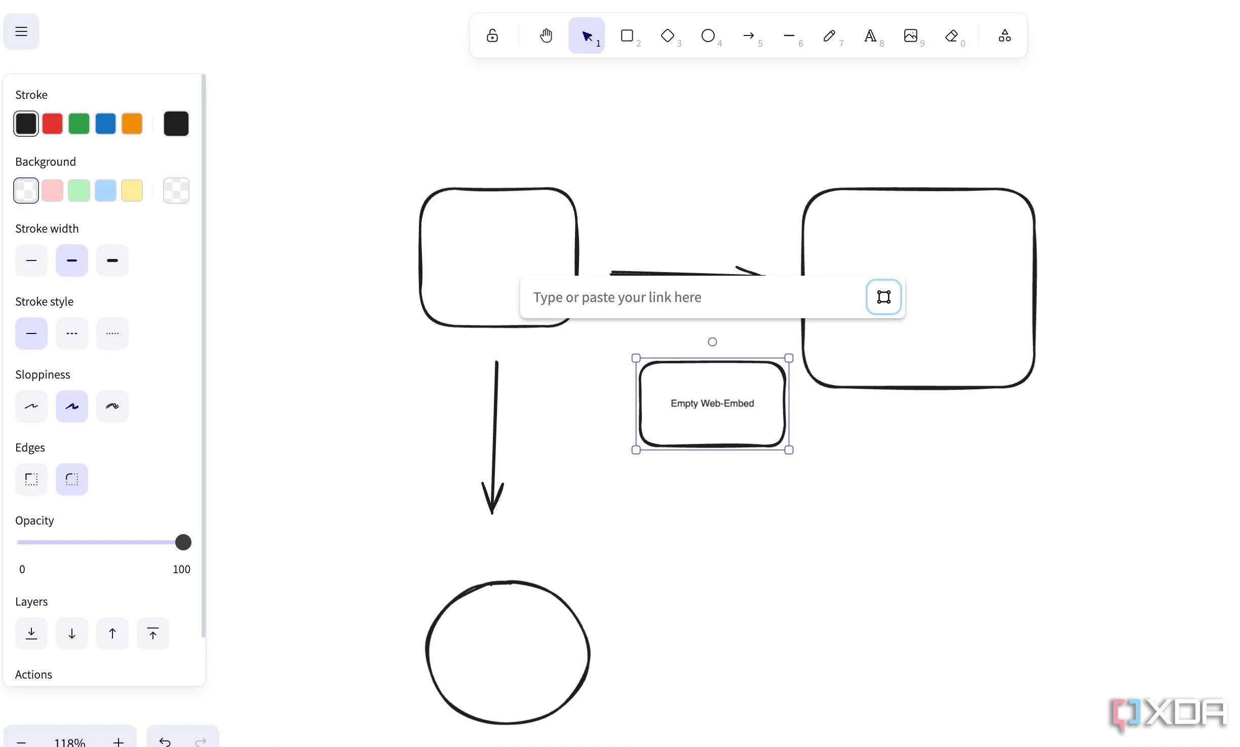 Giao diện bảng trắng Excalidraw với các bản vẽ phác thảo tay và biểu đồ