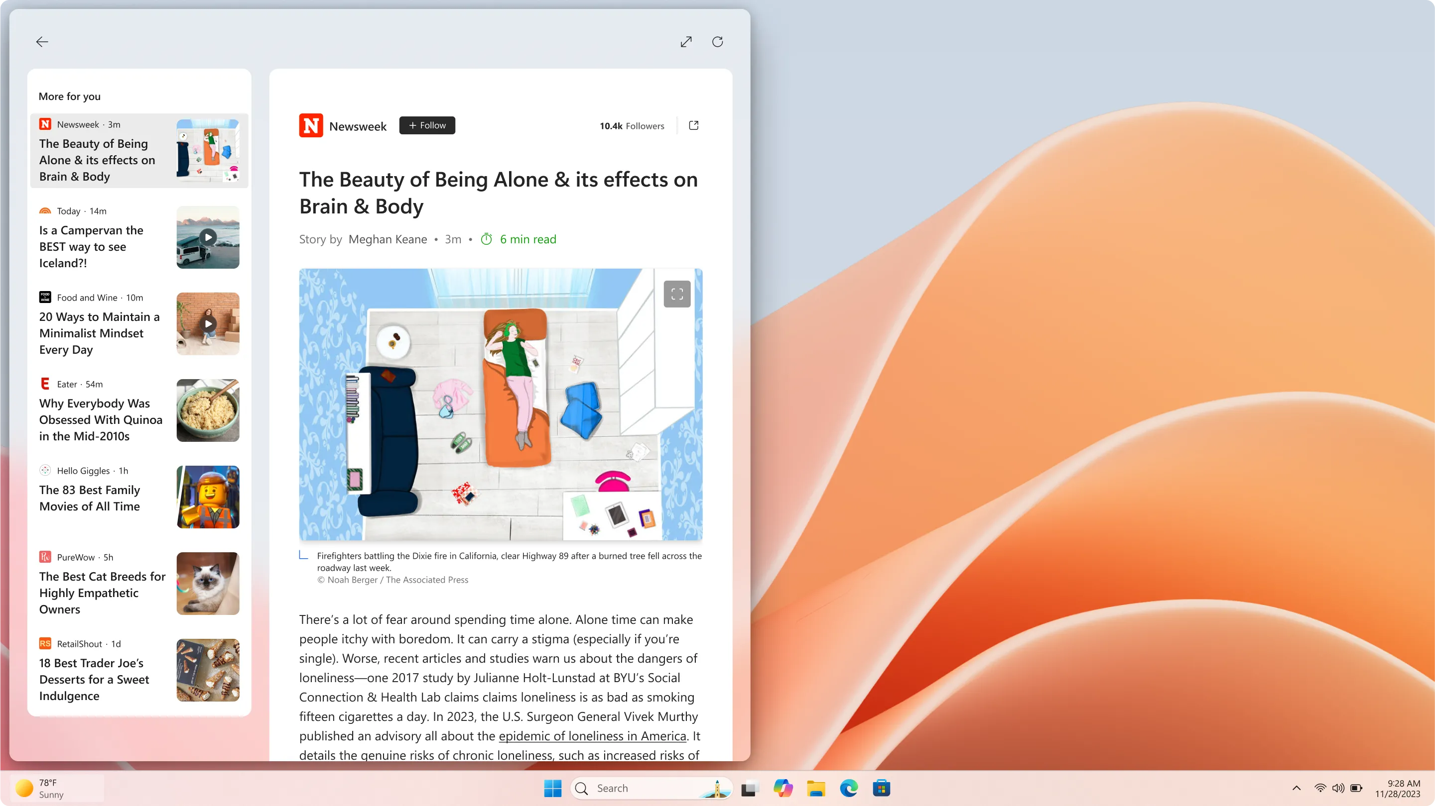 Giao diện bảng widget Windows 11 hiển thị các tin tức từ MSN News