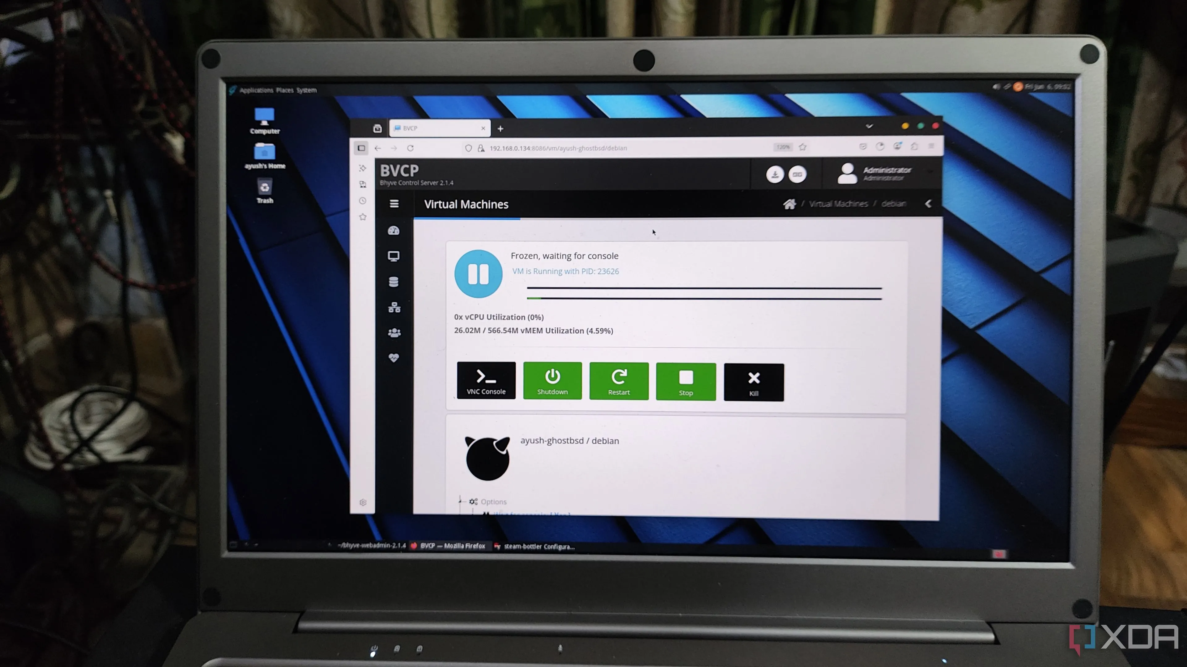 Giao diện Bhyve Webadmin trên GhostBSD, cung cấp công cụ quản lý máy ảo trực quan và hiệu quả