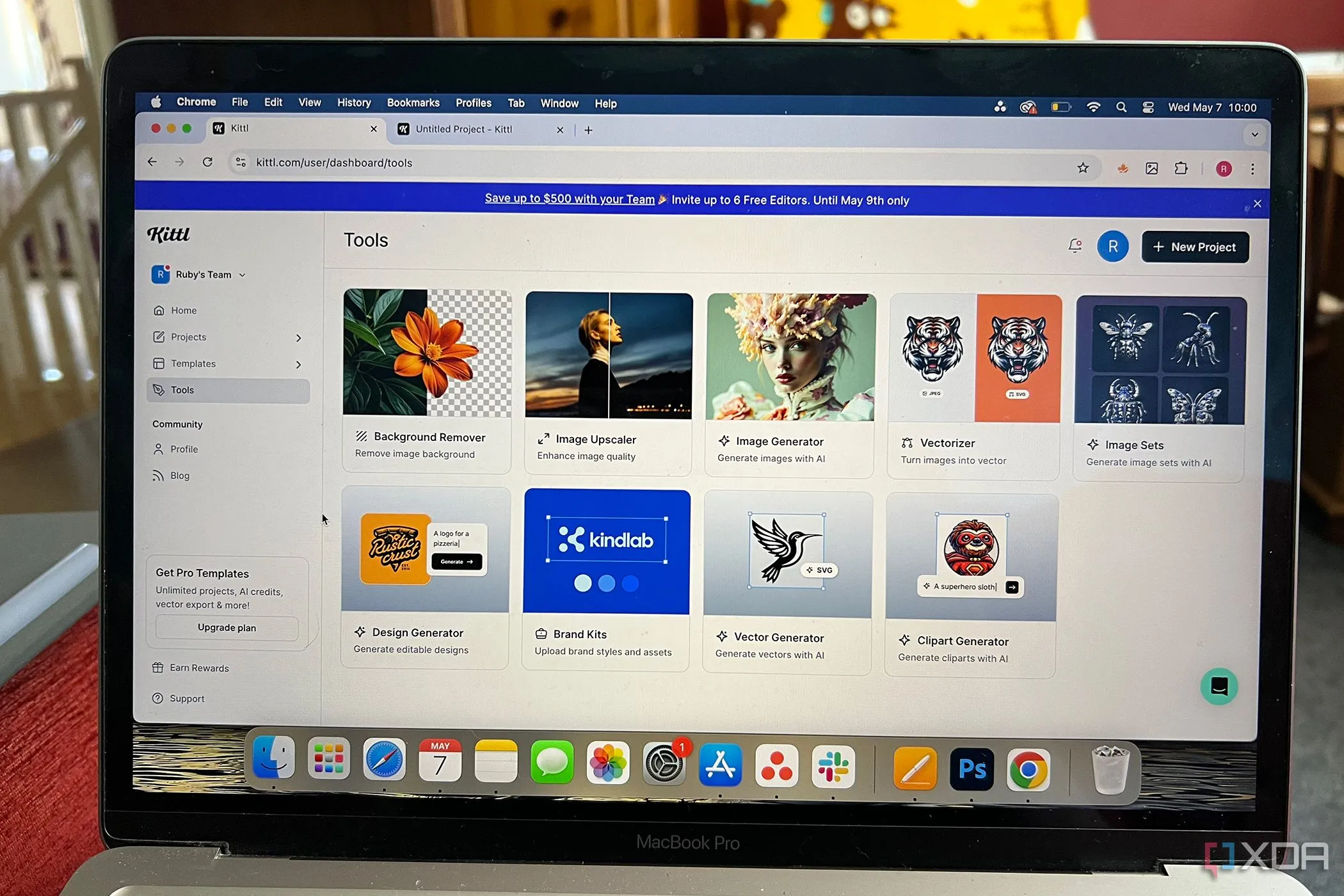 Giao diện các công cụ và tính năng AI trong Kittl, bao gồm tạo vector, xóa nền và trợ lý thiết kế AI.
