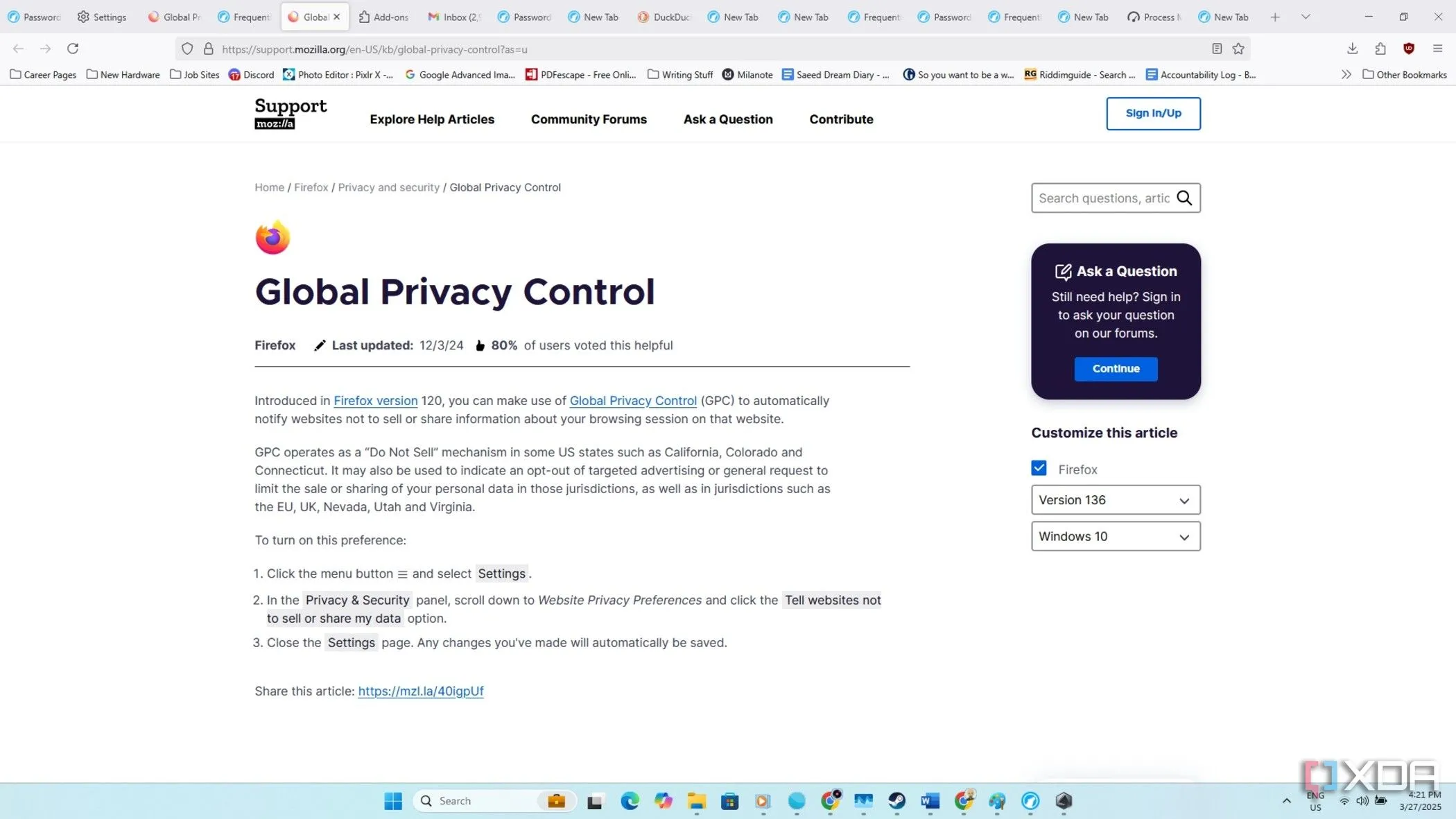 Giao diện cài đặt Global Privacy Control (GPC) trong trình duyệt LibreWolf