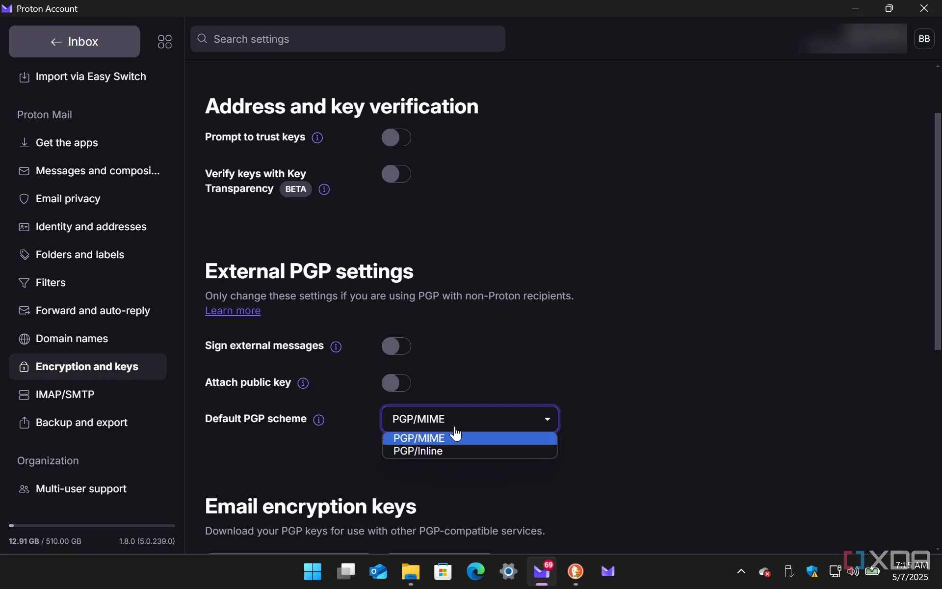 Giao diện cài đặt mã hóa và khóa bảo mật trong ứng dụng Proton Mail trên Windows 11