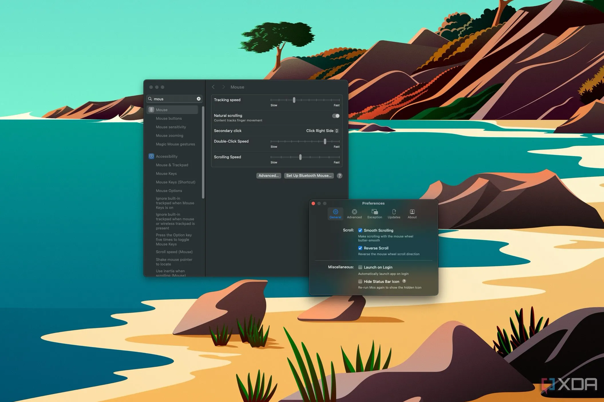 Giao diện cài đặt Mos và cài đặt cuộn chuột mặc định của macOS, cho thấy cách Mos cung cấp tùy chọn đảo ngược cuộn riêng biệt cho chuột.