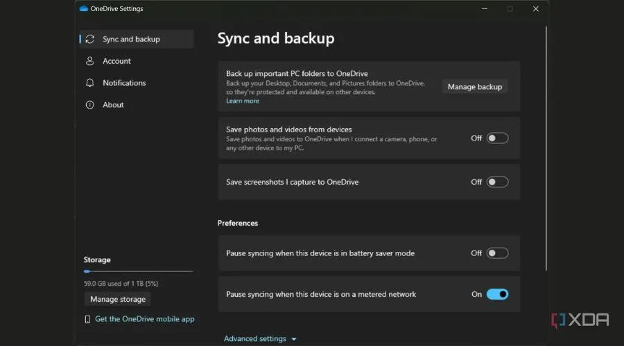 Giao diện cài đặt OneDrive để đồng bộ hóa tệp trên Windows