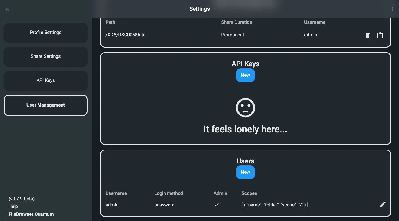 Giao diện cài đặt quyền người dùng chi tiết trong FileBrowser Quantum, cho phép quản lý tài khoản và thiết lập các giới hạn truy cập.