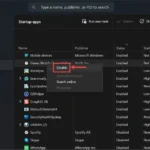 Giao diện cài đặt tắt ứng dụng khởi động trên Windows để tối ưu hiệu suất laptop gaming