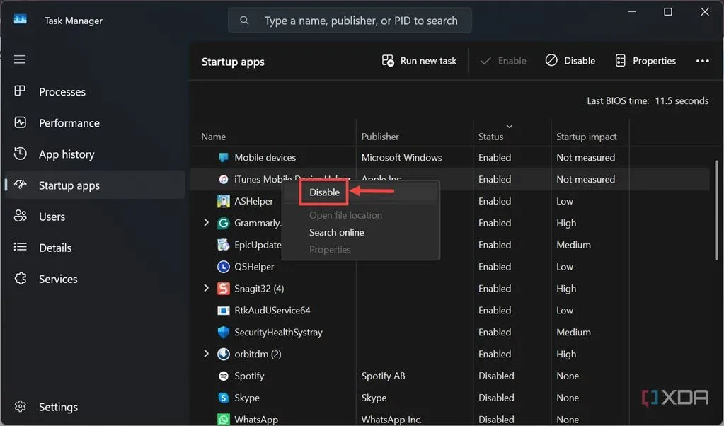 Giao diện cài đặt tắt ứng dụng khởi động trên Windows để tối ưu hiệu suất laptop gaming
