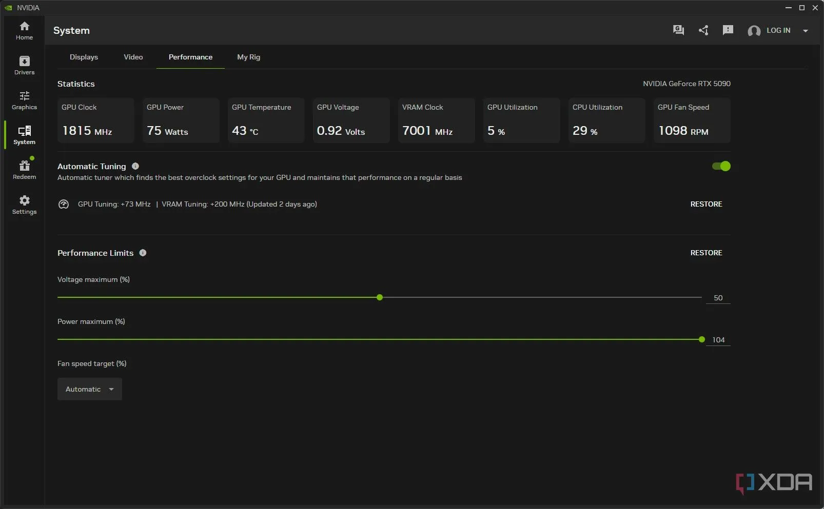 Giao diện cài đặt Tự động Ép xung (Automatic Tuning) trong ứng dụng Nvidia App, hiển thị các tùy chọn điều chỉnh hiệu suất GPU