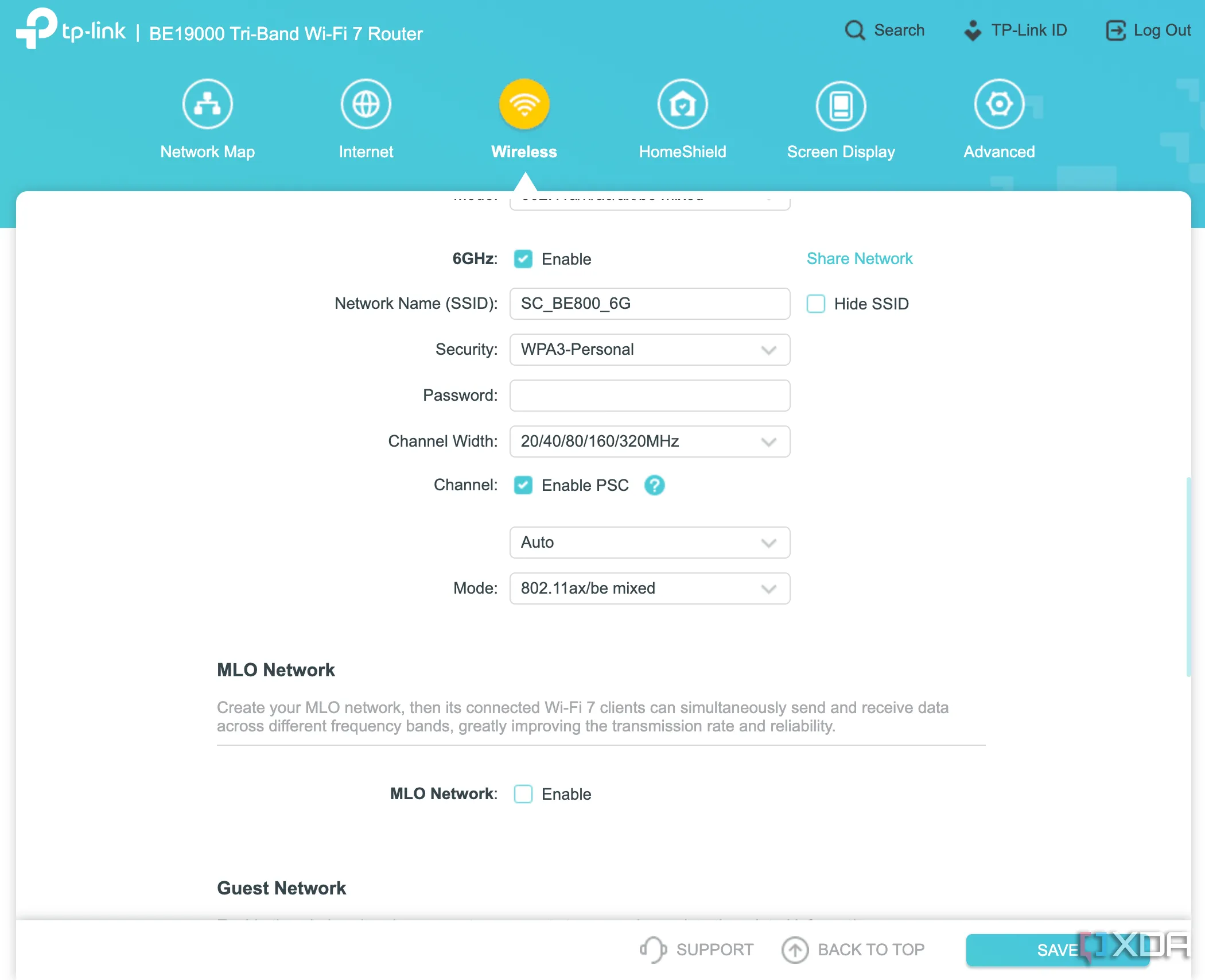 Giao diện cài đặt Wi-Fi của router TP-Link Archer BE800 Wi-Fi 7 trên trình duyệt web