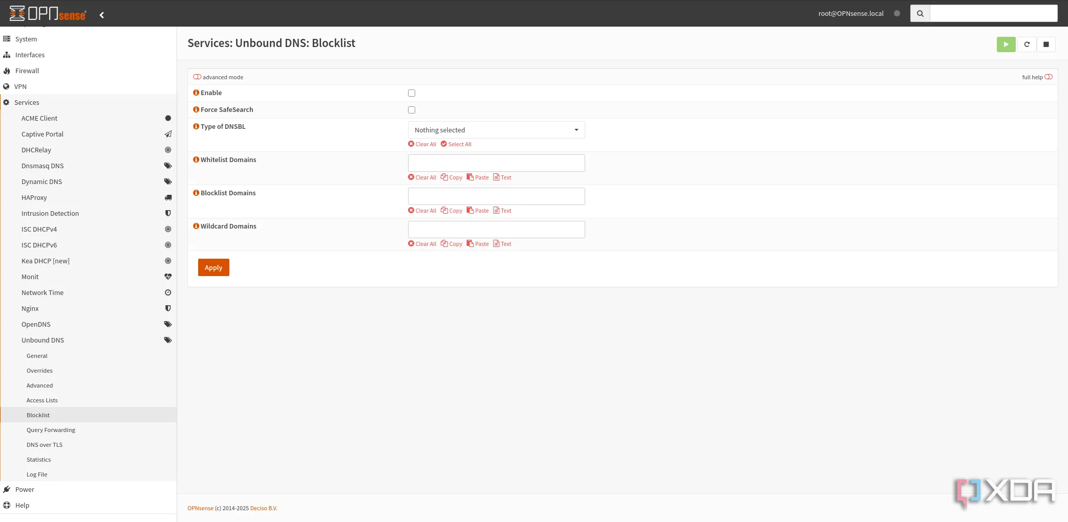 Giao diện cấu hình danh sách chặn tên miền (blocklist) của Unbound DNS Resolver trên OPNsense, thể hiện các quy tắc bảo mật