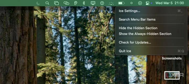 Giao diện cấu hình Ice trong chế độ tối giúp tùy chỉnh thanh Menu Bar macOS gọn gàng