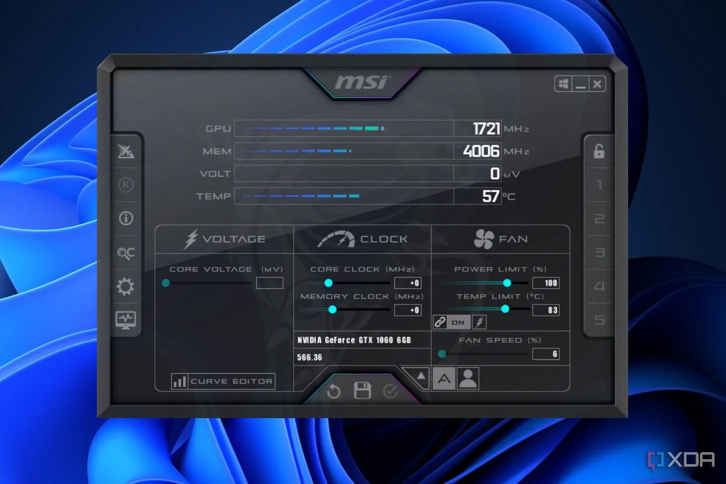 Giao diện chính của MSI Afterburner, công cụ phổ biến để undervolt GPU giúp giảm nhiệt và tăng hiệu suất chơi game, chỉnh sửa video.