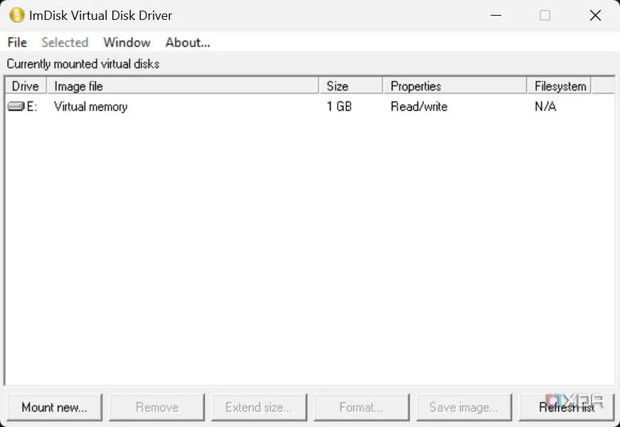 Giao diện chính của phần mềm ImDisk Virtual Disk Driver khi mở