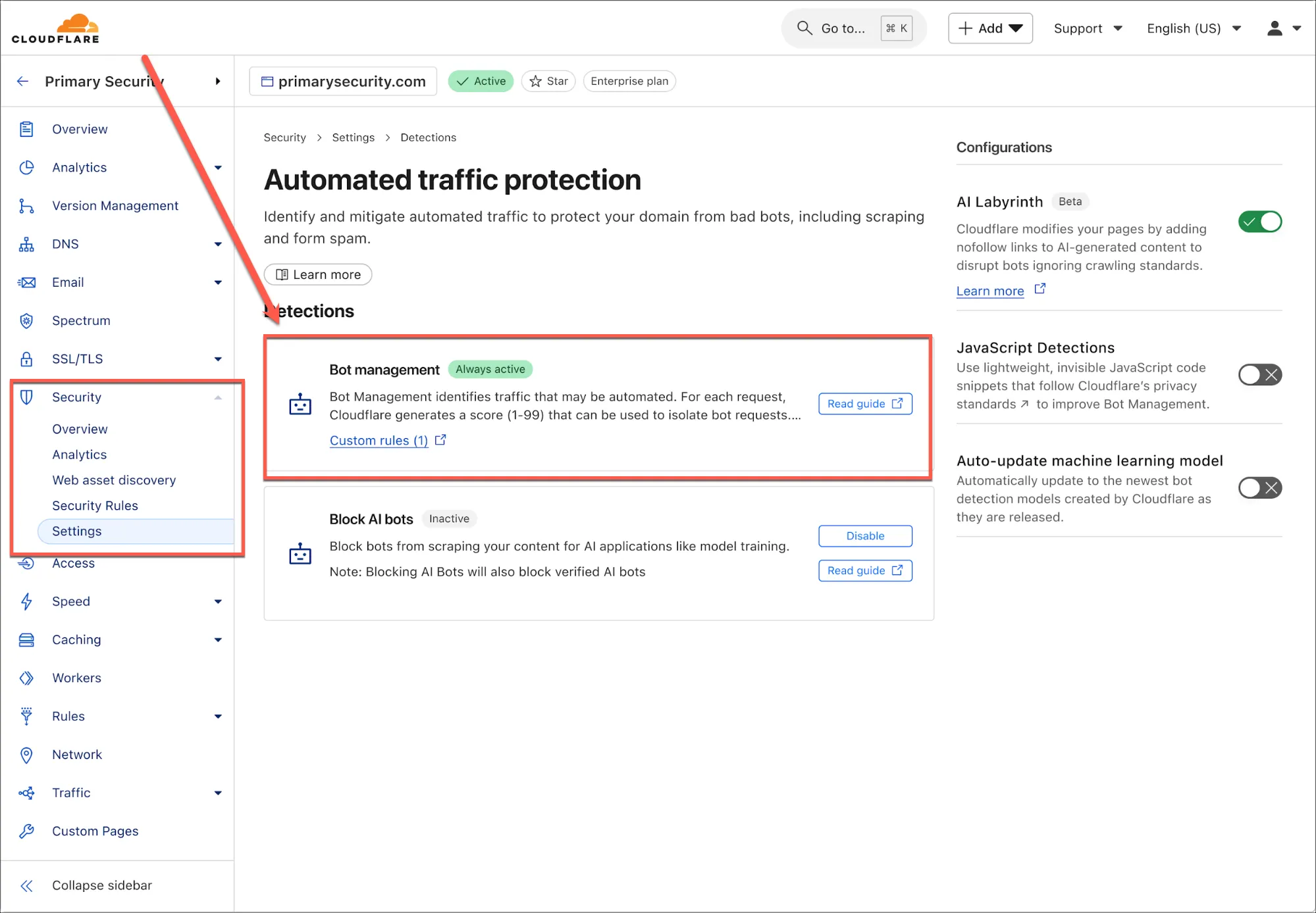 Giao diện Cloudflare Security - Bot Management để kích hoạt AI Labyrinth