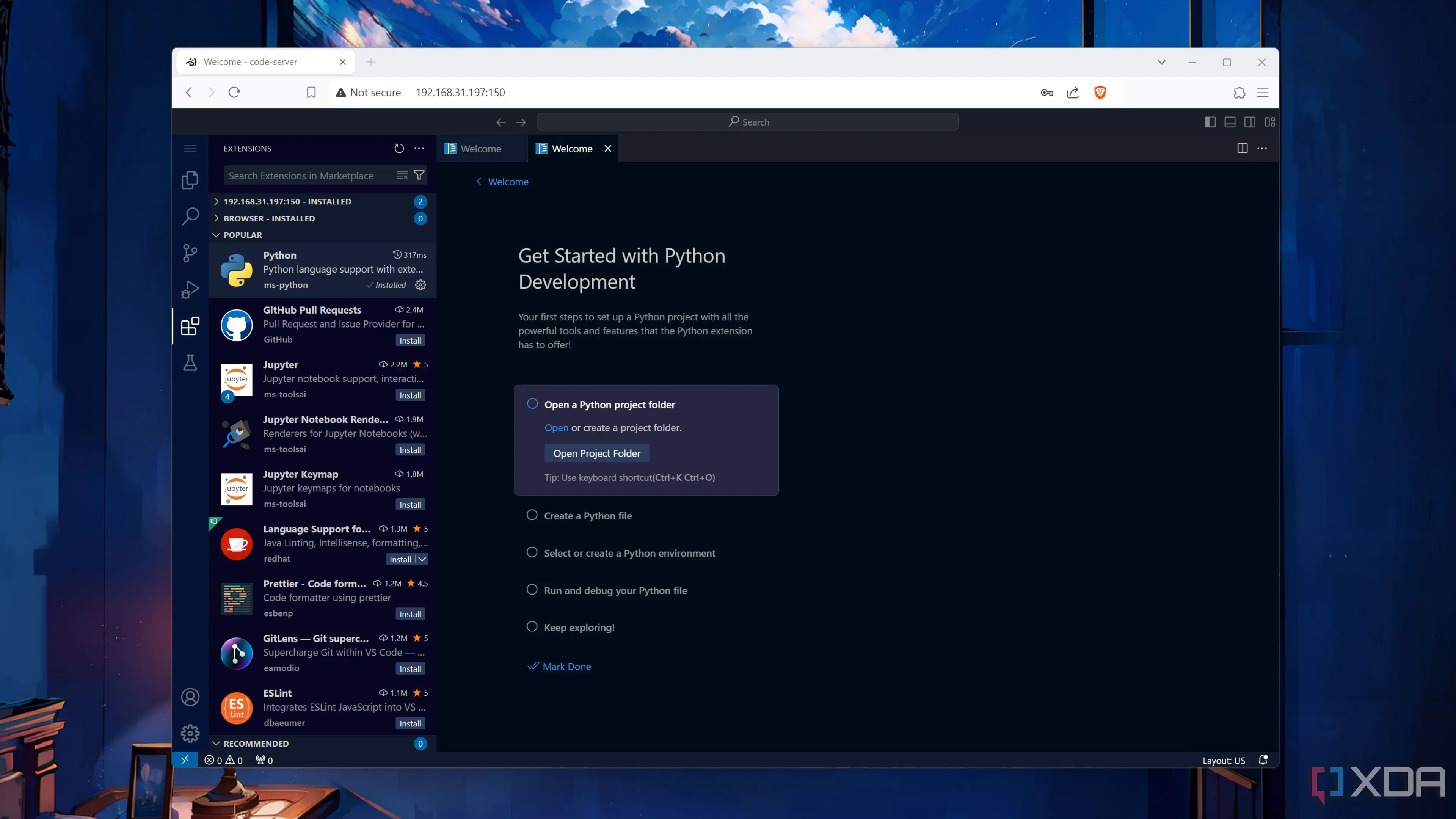 Giao diện Code-server (VS Code trong trình duyệt) đang chạy trên Proxmox