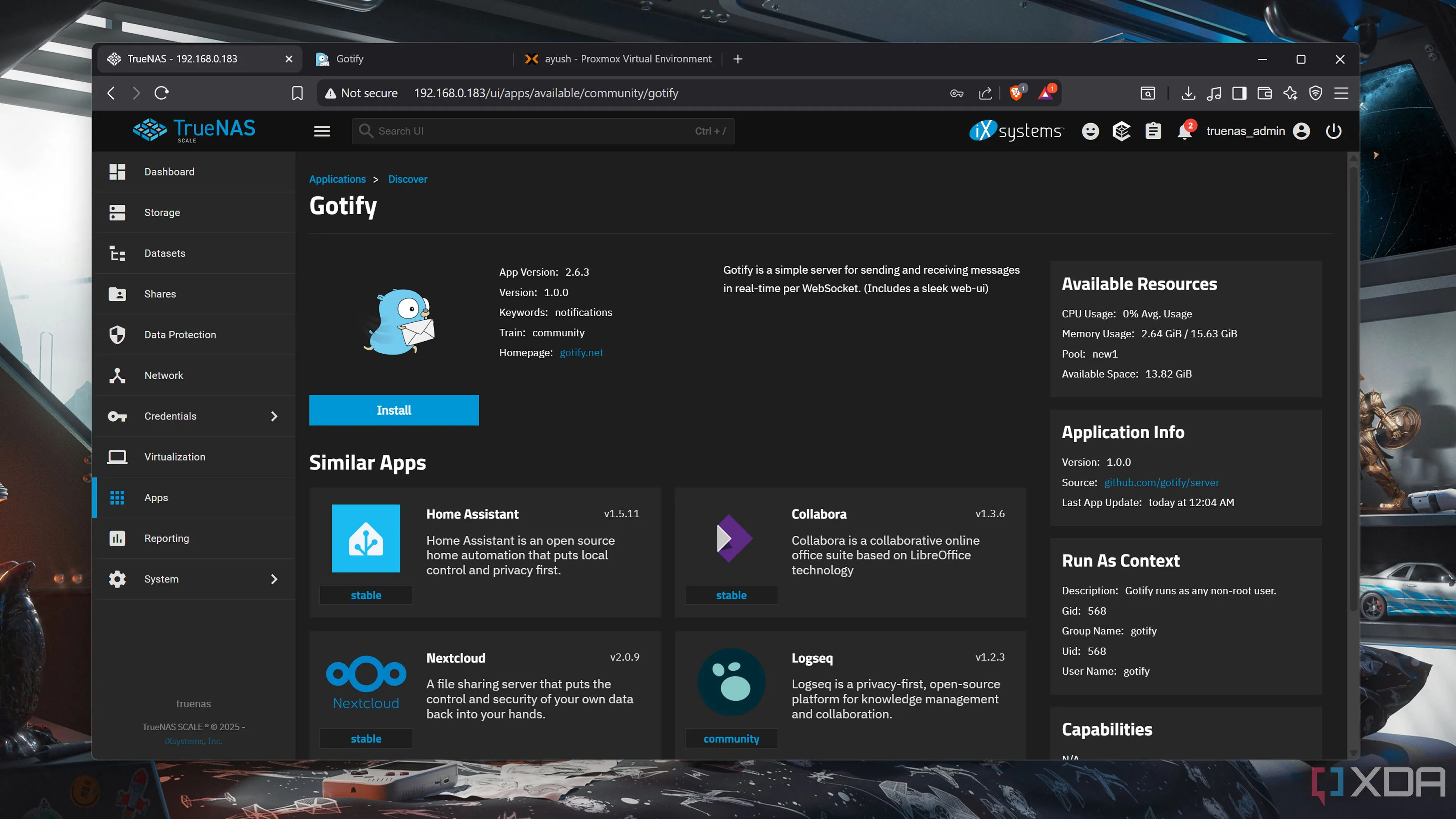 Giao diện container Gotify hoạt động trên TrueNAS, minh họa vai trò của Gotify như một máy chủ thông báo trung tâm cho home lab.