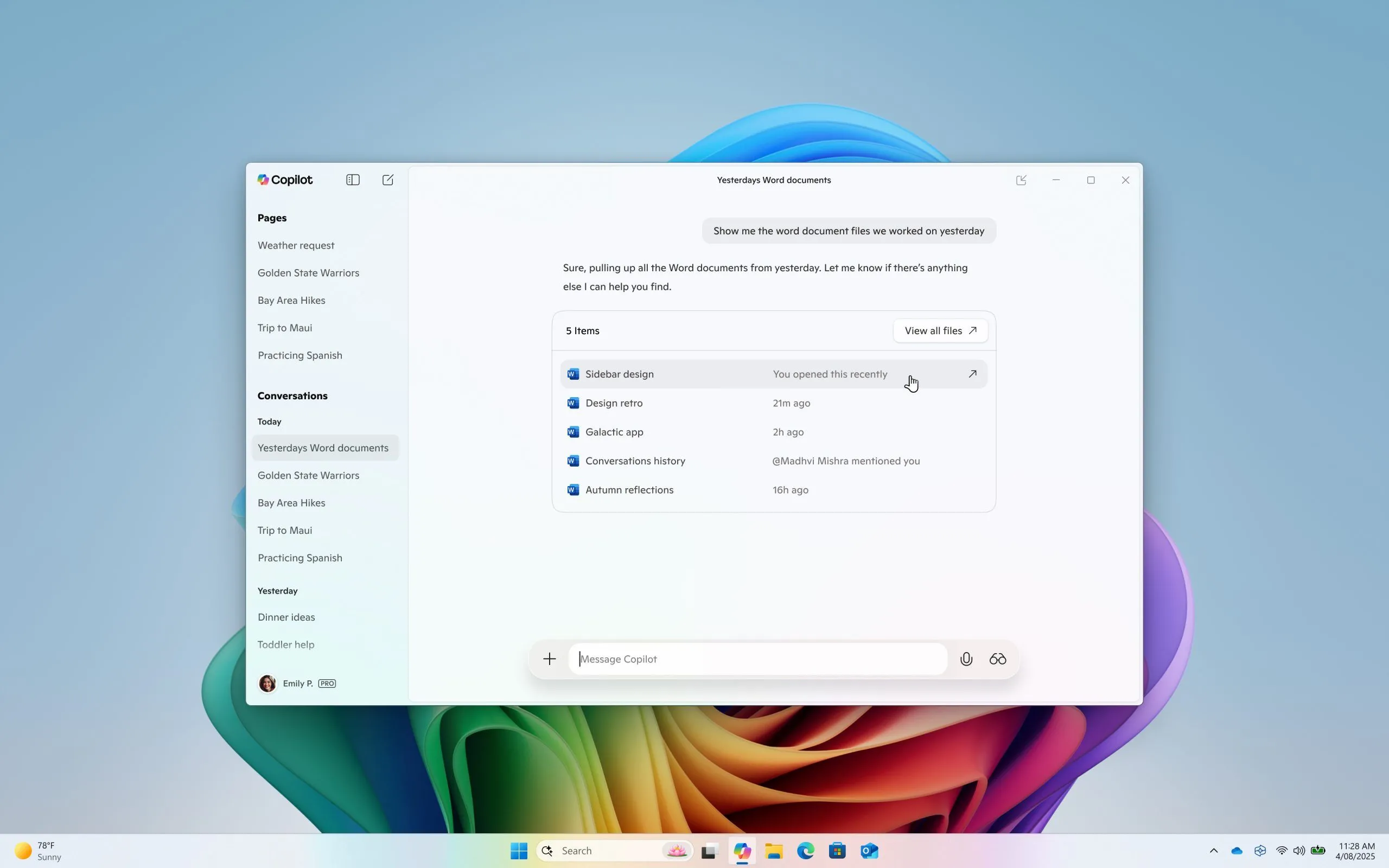 Giao diện Copilot trên Windows với tính năng tìm kiếm tệp hiệu quả.
