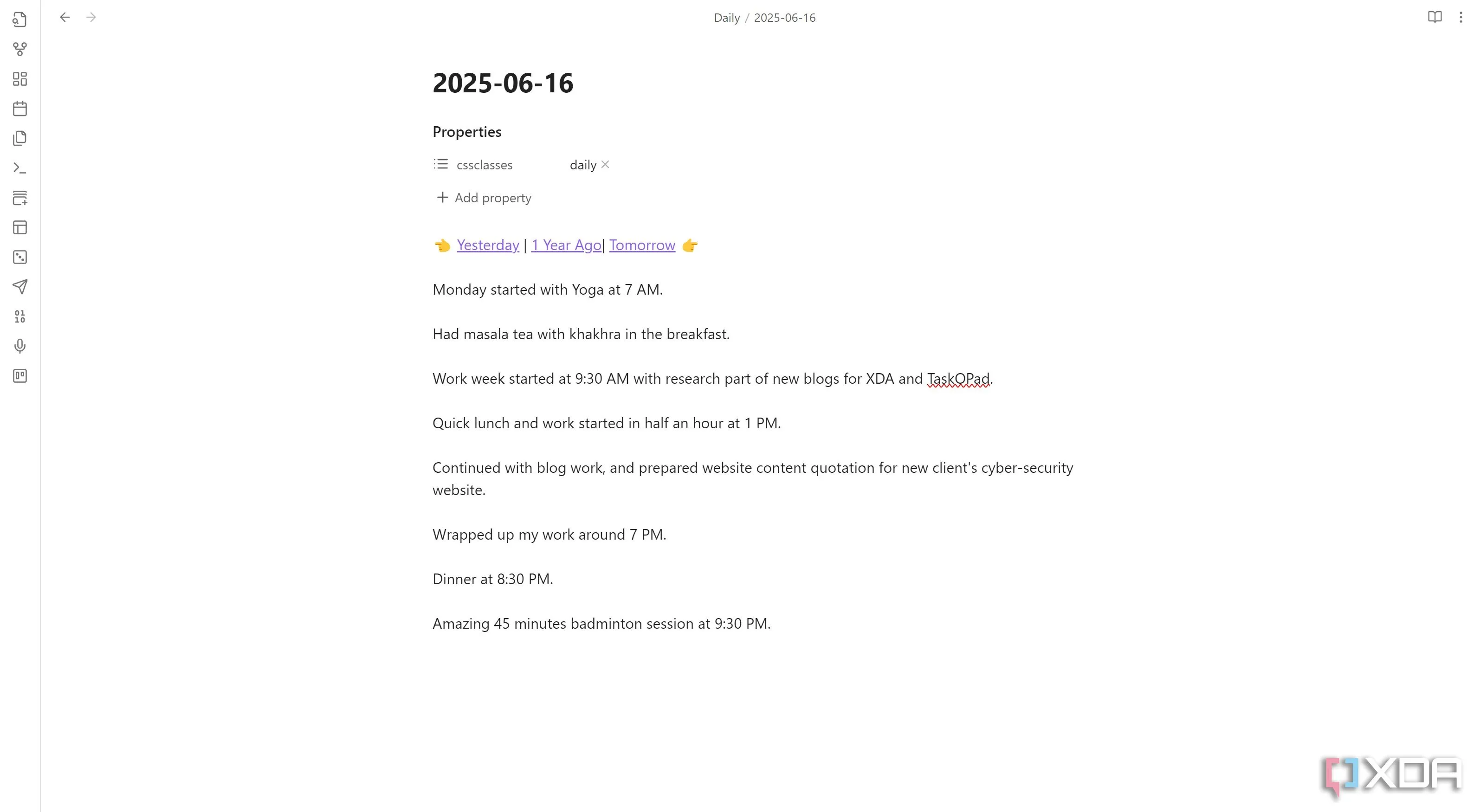 Giao diện CSS snippet Daily Notes trong Obsidian, hiển thị các liên kết điều hướng nhanh đến ghi chú ngày hôm qua, ngày mai và cùng ngày năm trước.