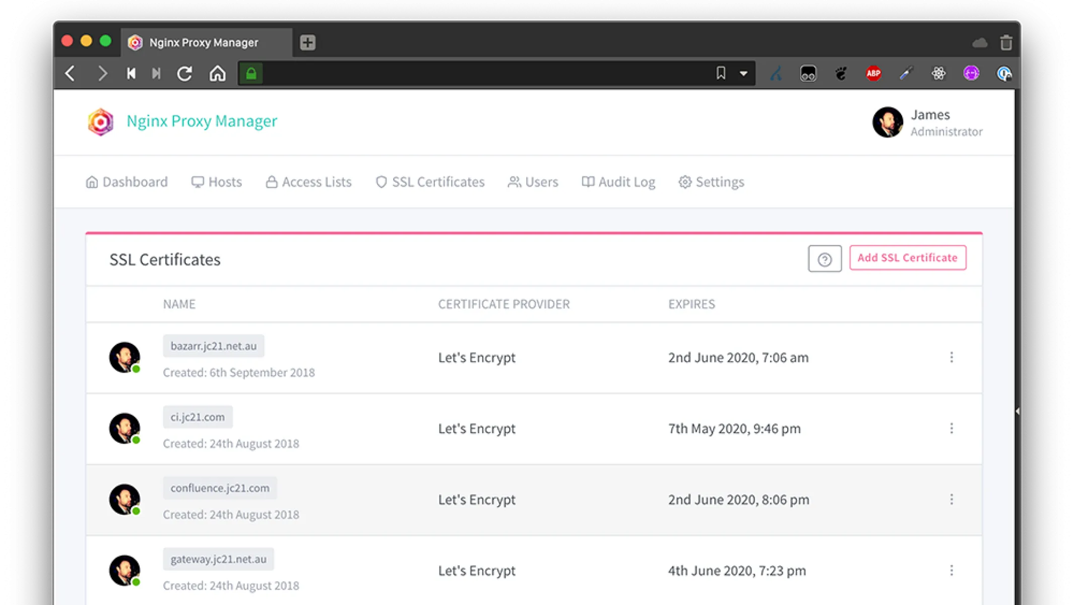 Giao diện dashboard của Nginx Proxy Manager hiển thị trang quản lý chứng chỉ Let's Encrypt