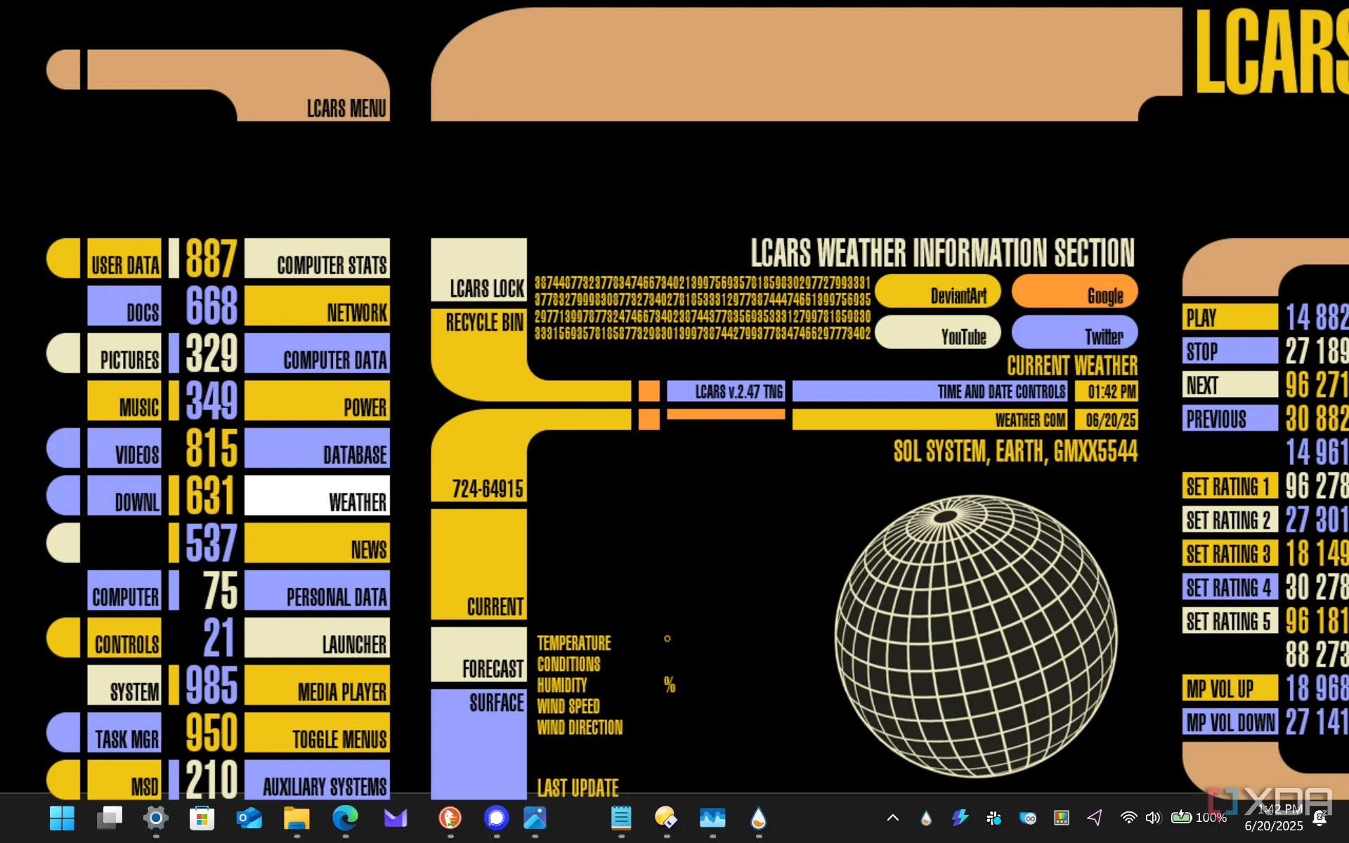 Giao diện desktop Rainmeter LCARS V2 lấy cảm hứng từ Star Trek TNG với các bảng điều khiển vàng và đen