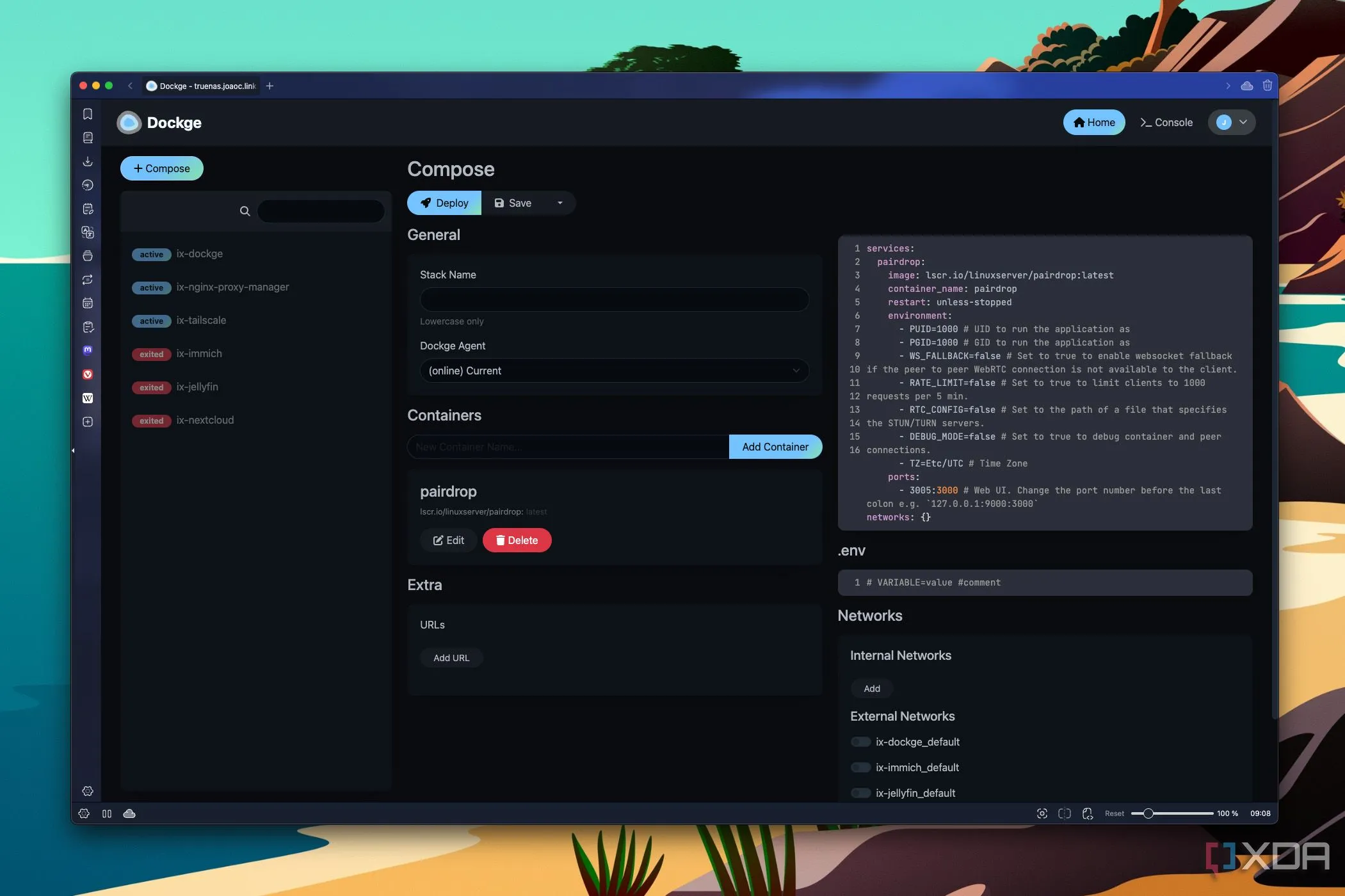 Giao diện Dockge hiển thị tùy chọn cài đặt ứng dụng PairDrop bằng Docker Compose trên hệ thống NAS