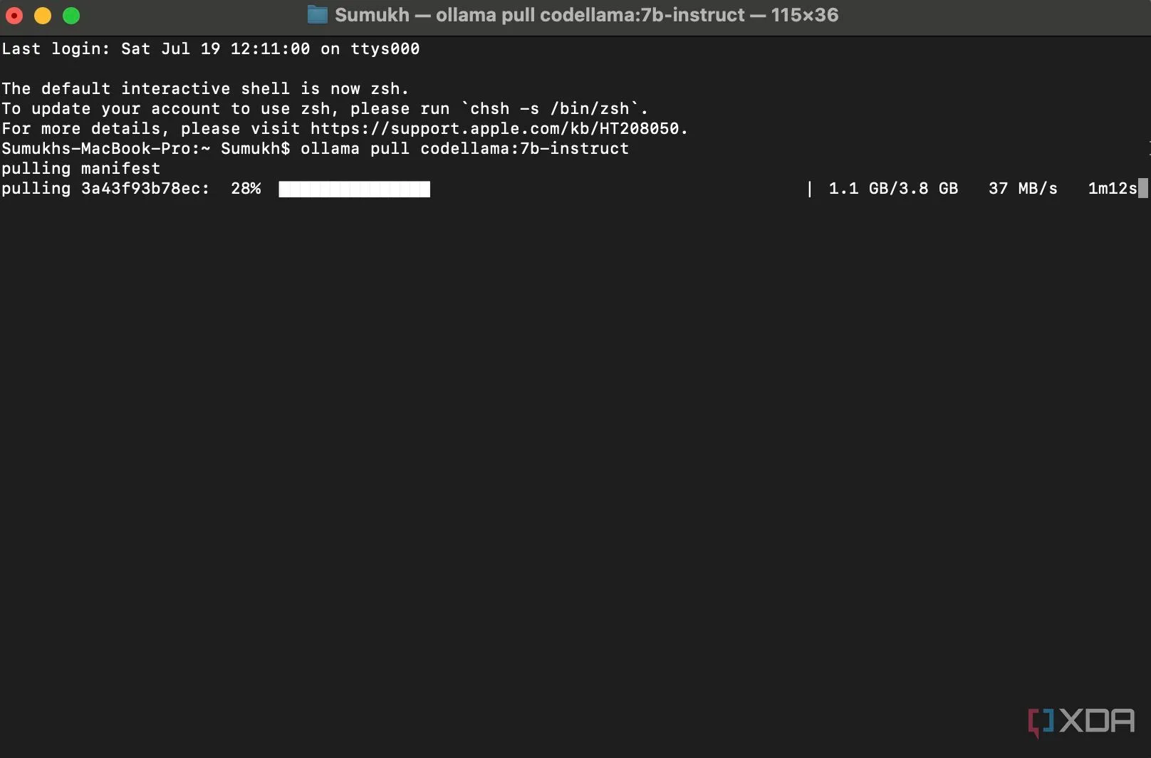 Giao diện dòng lệnh hiển thị quá trình tải xuống mô hình Code Llama qua Ollama, minh họa việc thiết lập LLM cục bộ.