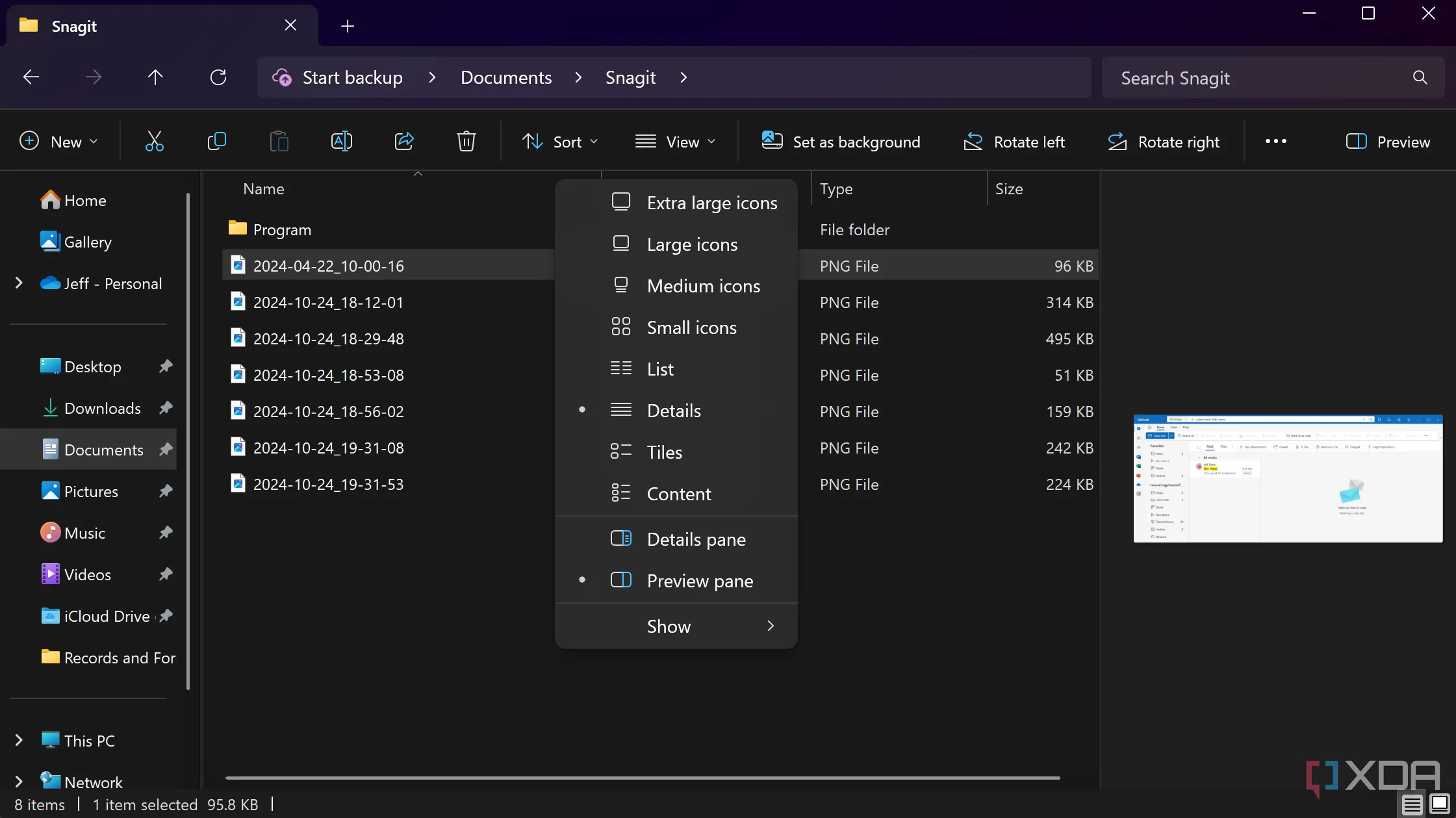 Giao diện File Explorer với phần xem trước tệp tin, cho thấy các tùy chọn tùy chỉnh cơ bản và sự thiếu linh hoạt trong việc thay đổi bố cục hoặc thêm tính năng nâng cao.