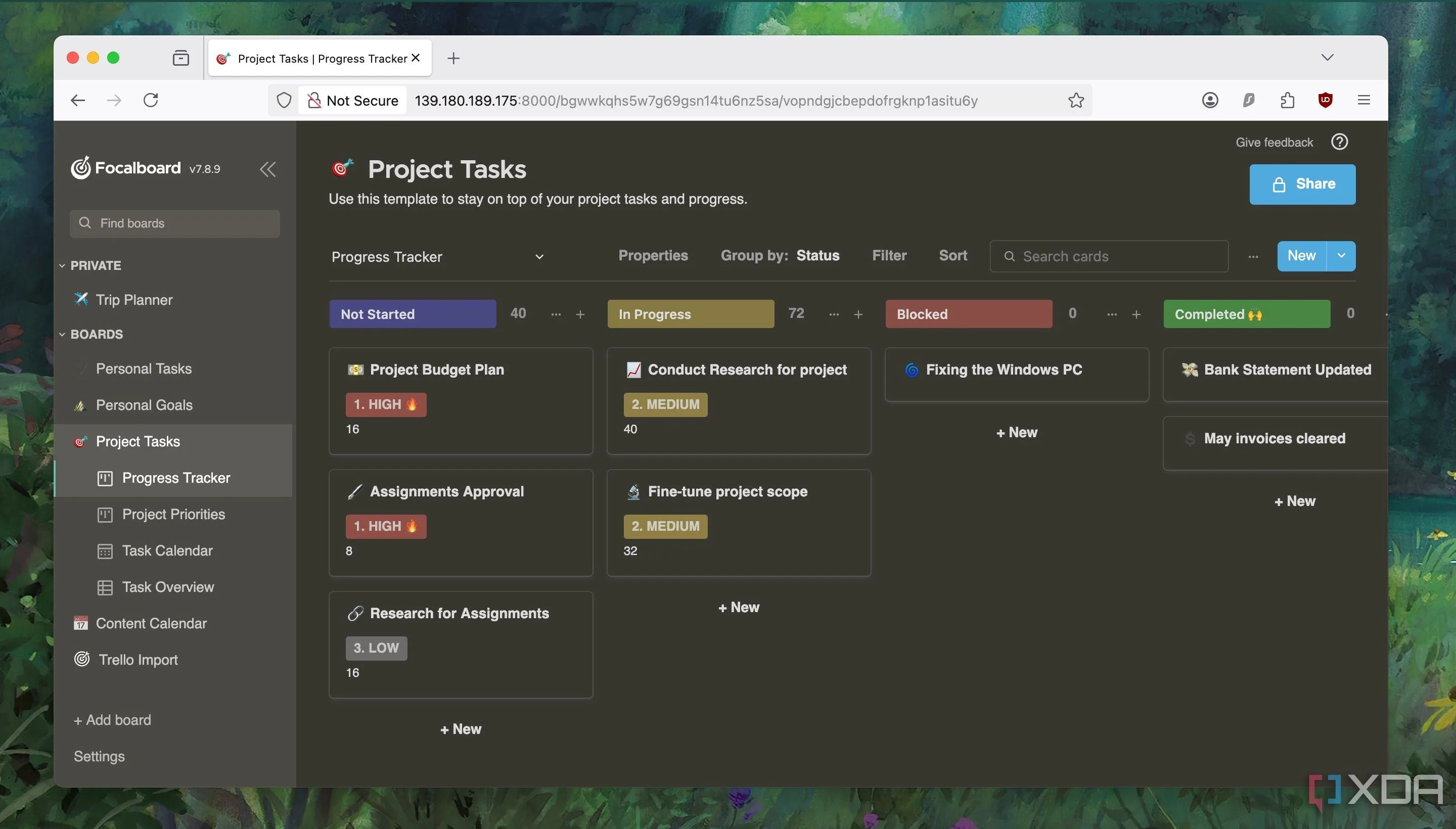 Giao diện Focalboard với chủ đề tối (Dark Theme), thể hiện tính thẩm mỹ và khả năng tùy chỉnh của ứng dụng.