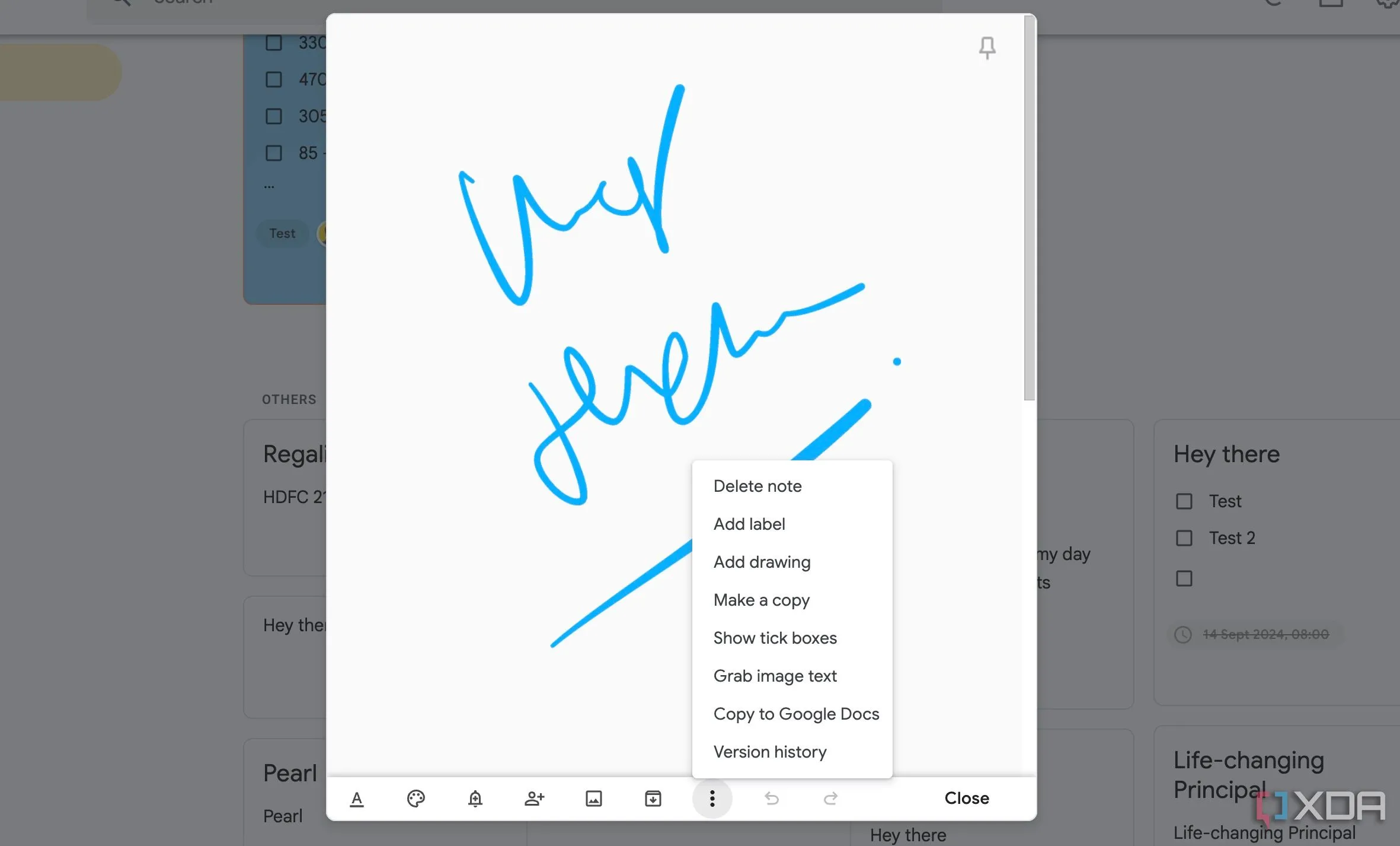 Giao diện Google Keep trên điện thoại với công cụ vẽ và bản phác thảo tay, minh họa khả năng ghi chú bằng hình ảnh.