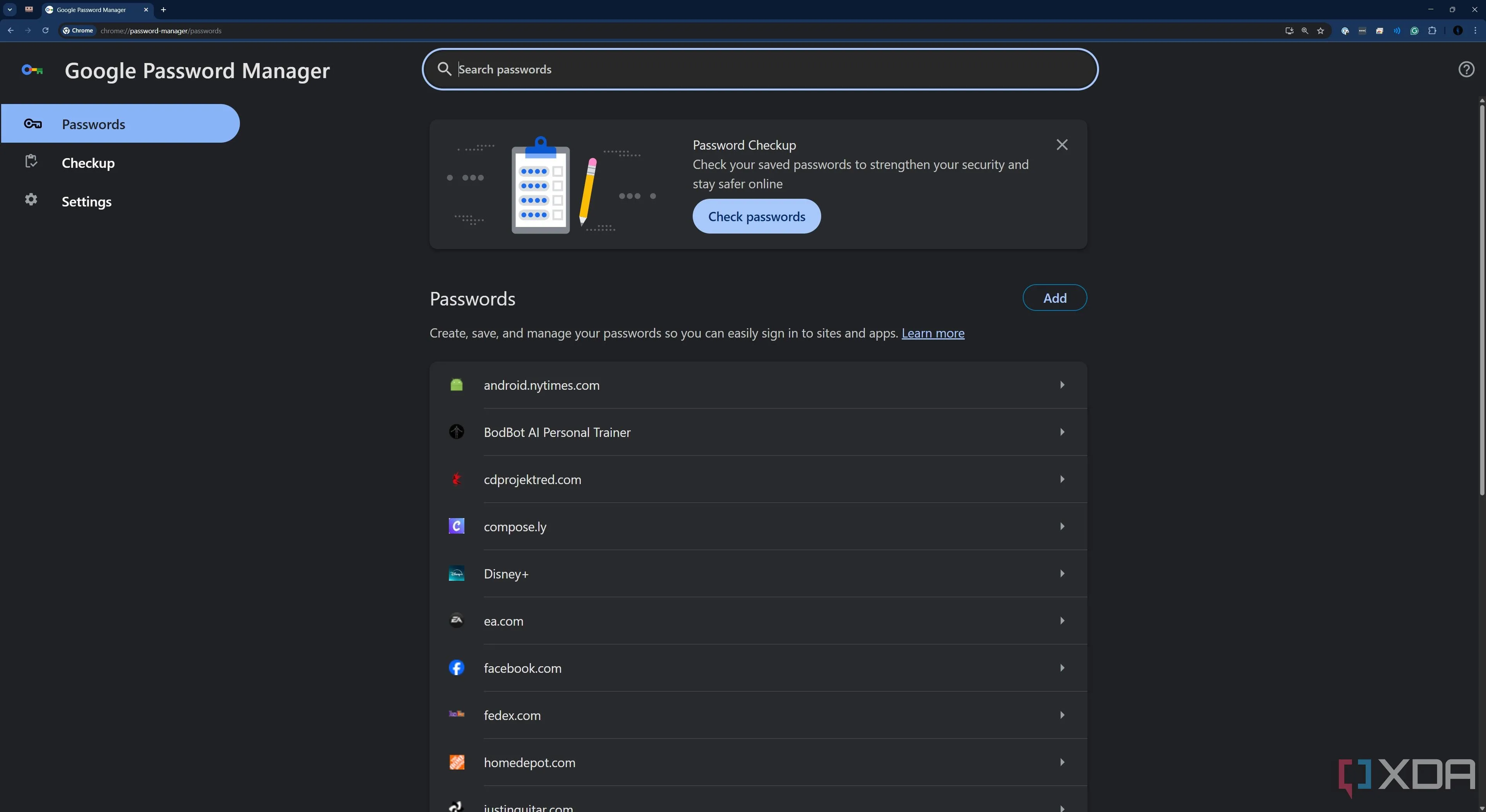 Giao diện Google Password Manager trên trình duyệt Chrome hiển thị danh sách các mật khẩu đã lưu