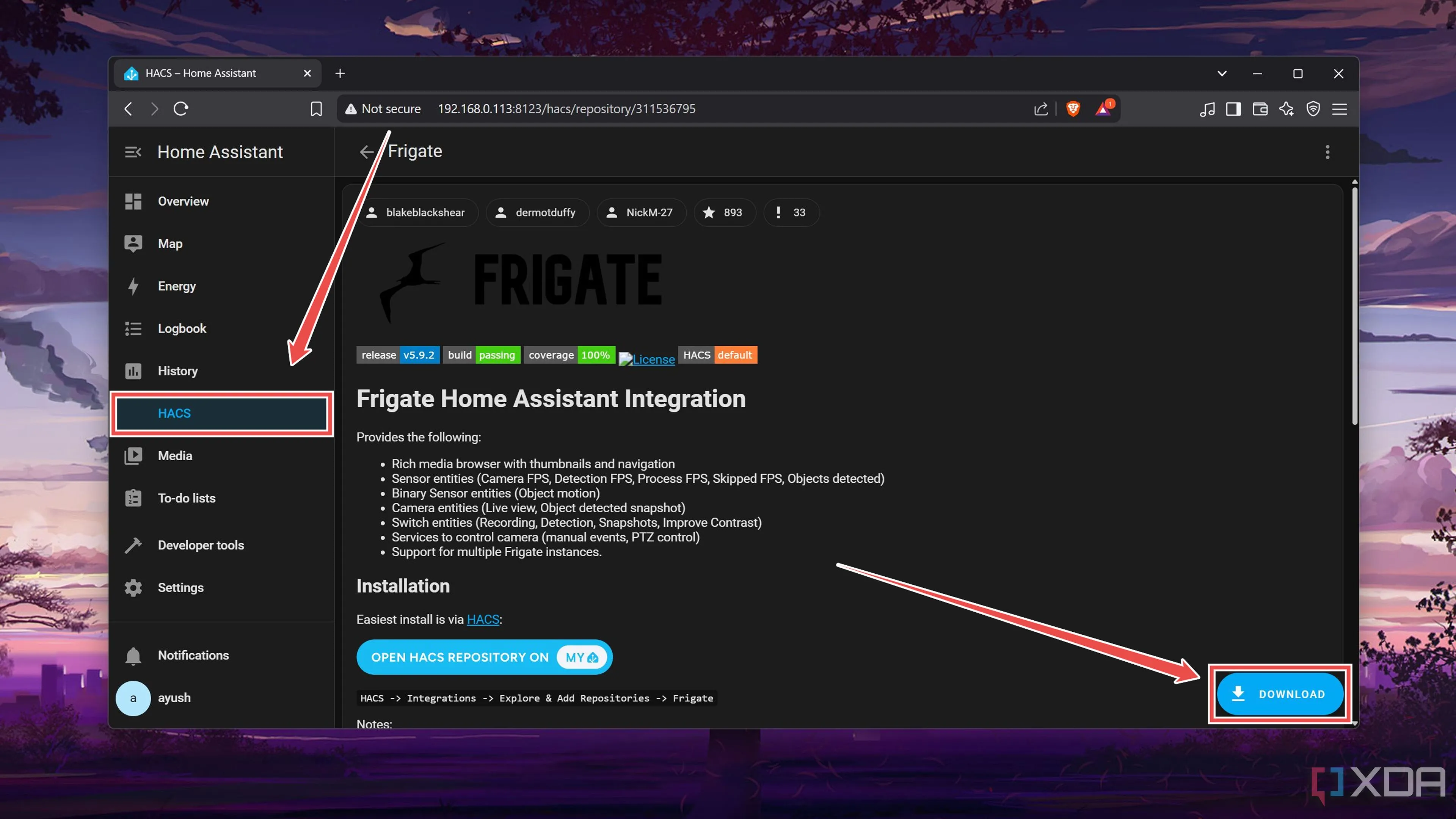 Giao diện HACS hiển thị kết quả tìm kiếm tích hợp Frigate và nút &quot;Download&quot;.