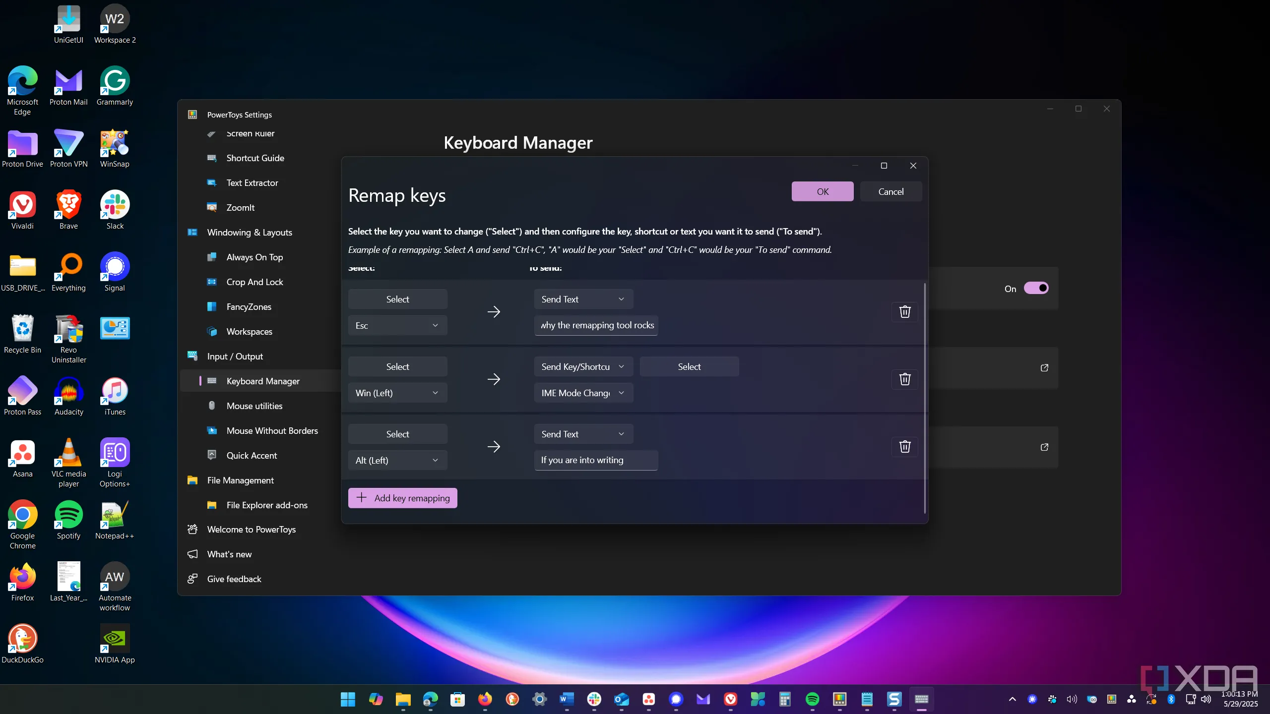 Giao diện Keyboard Manager của PowerToys hiển thị cách remapping phím để tạo shortcut tùy chỉnh