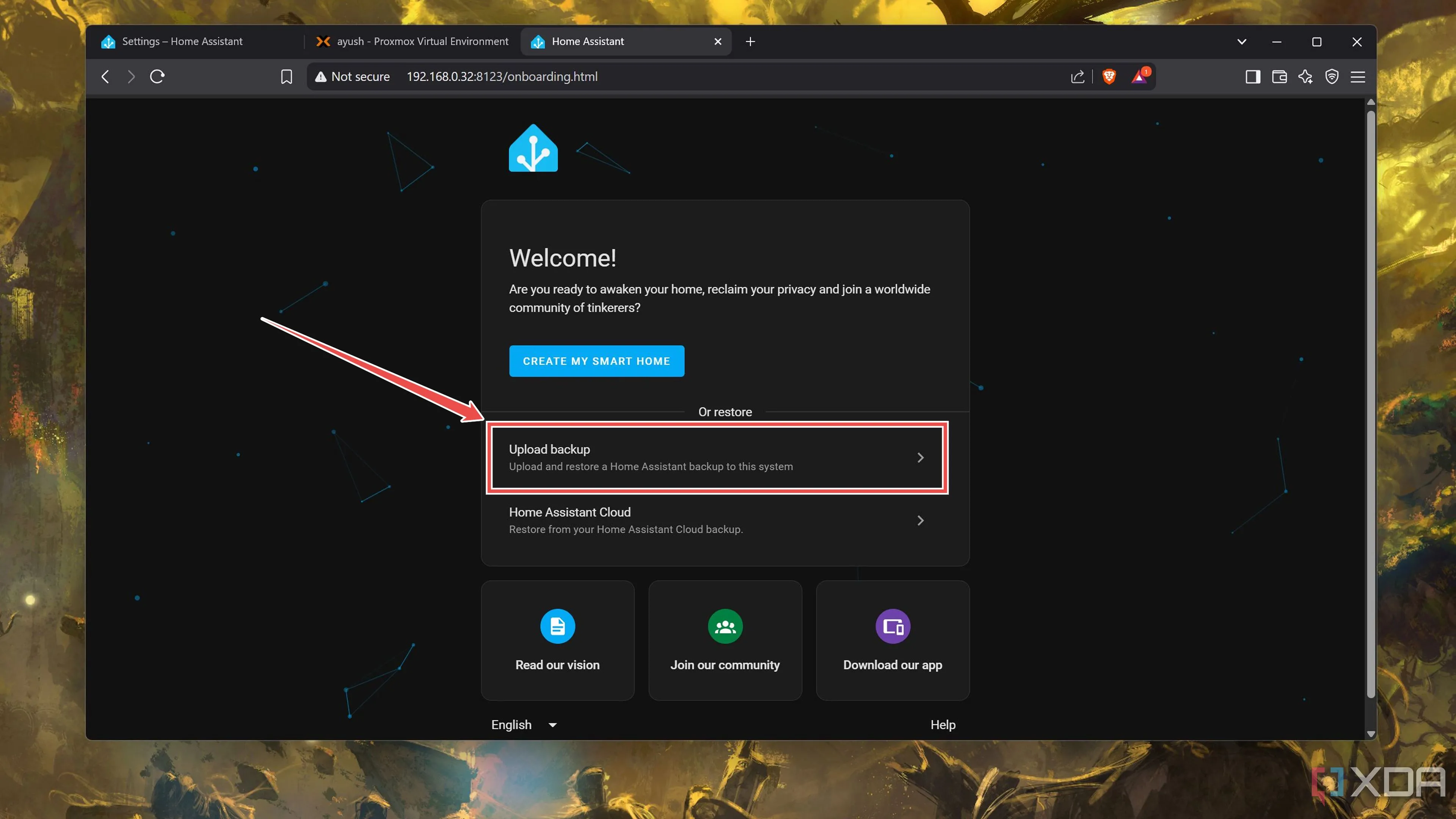 Giao diện khôi phục bản sao lưu Home Assistant với tùy chọn tải lên tệp backup