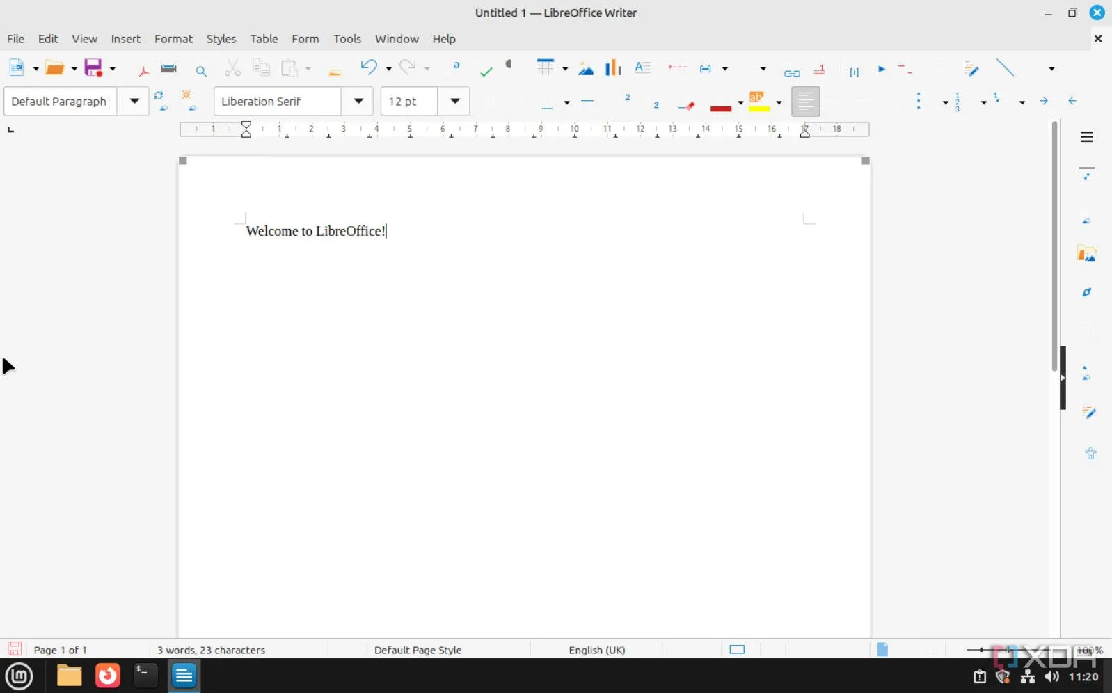 Giao diện LibreOffice Writer đang chạy trên Linux Mint