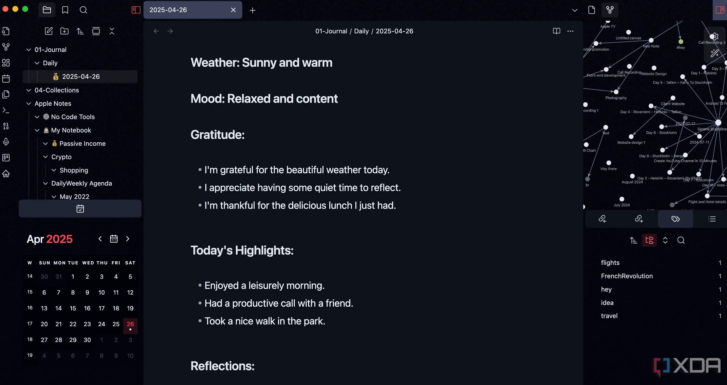 Giao diện lịch tháng của plugin Calendar trong Obsidian