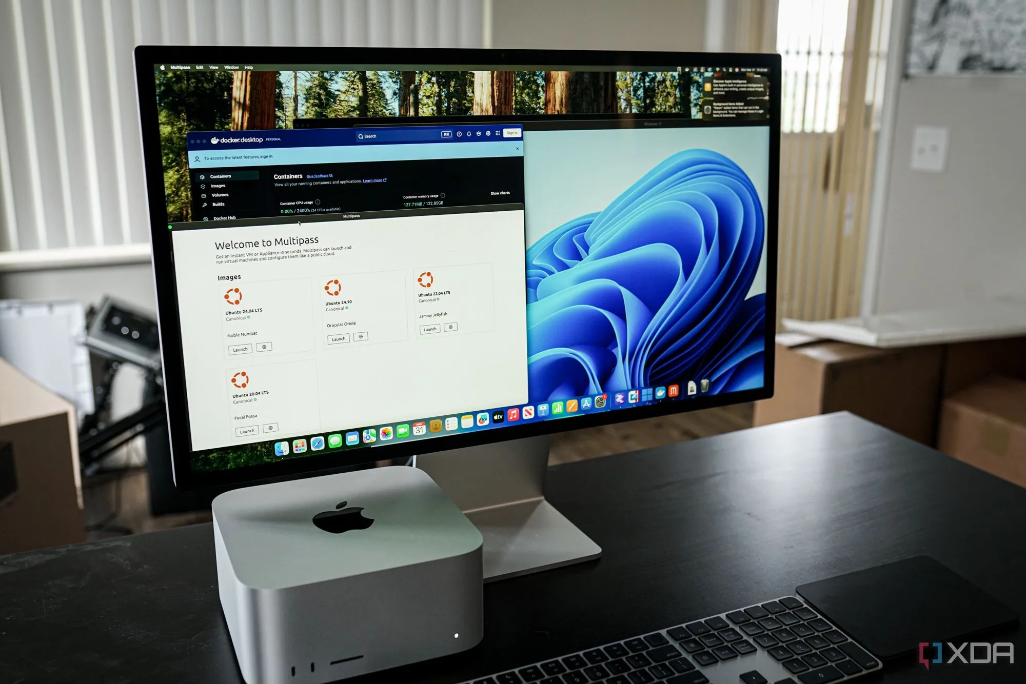 Giao diện macOS với nhiều ứng dụng đang chạy đồng thời trên Mac Studio M3 Ultra